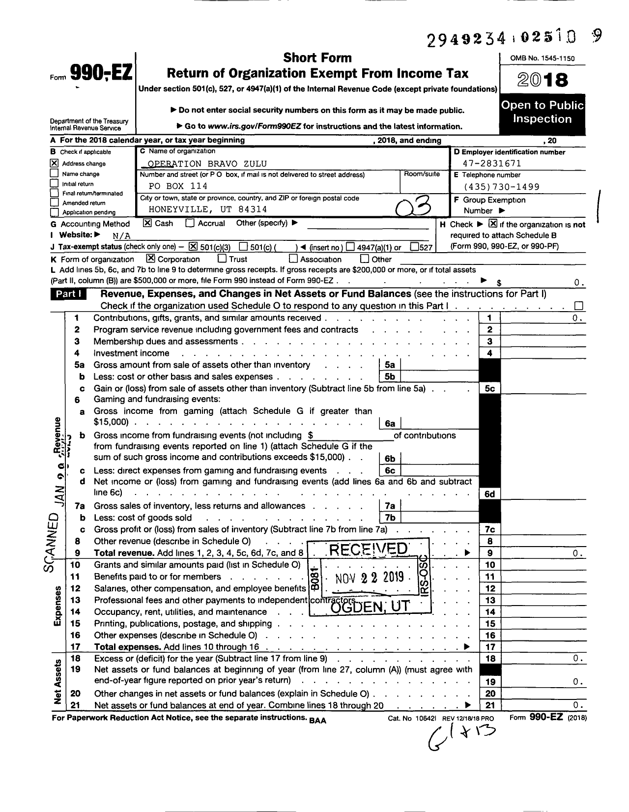 Image of first page of 2018 Form 990EZ for Operation Bravo Zulu