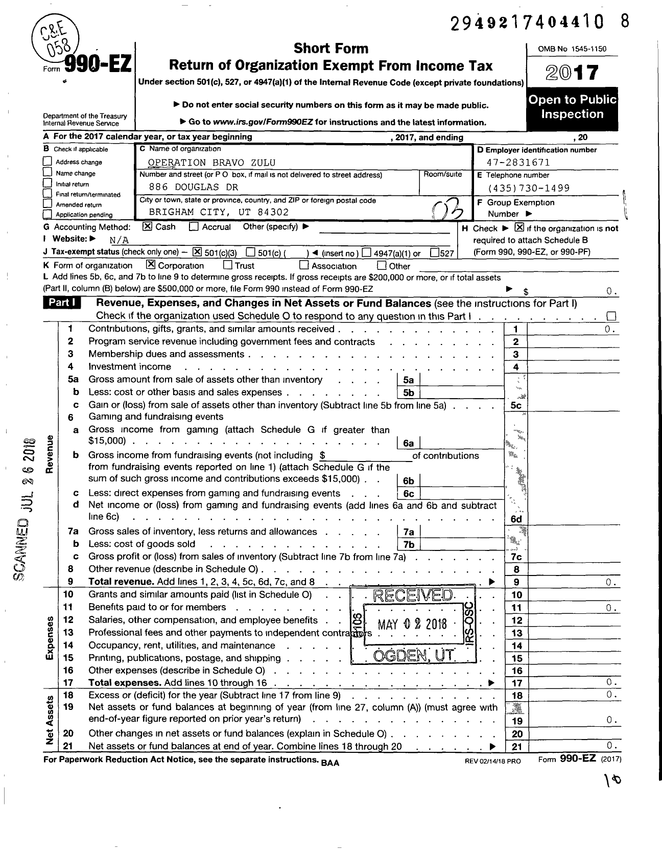 Image of first page of 2017 Form 990EZ for Operation Bravo Zulu