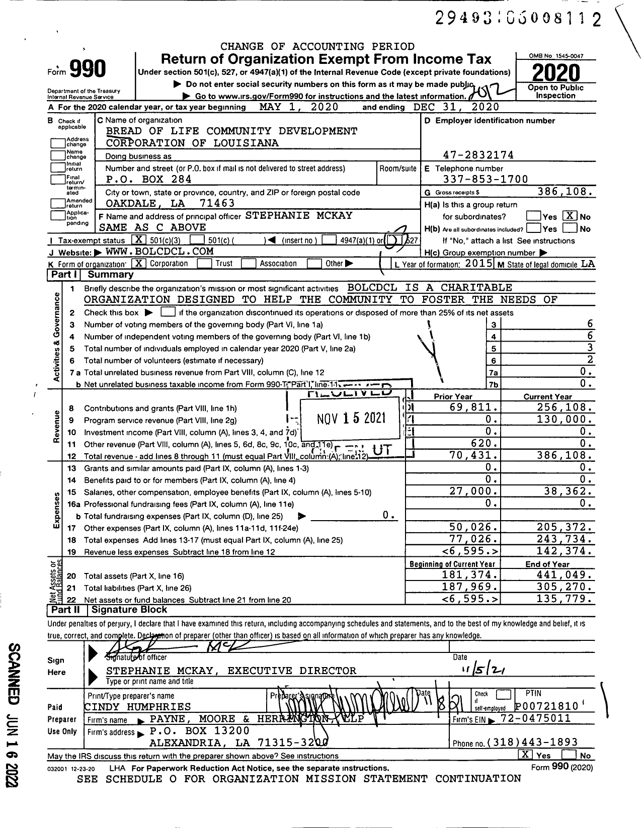 Image of first page of 2020 Form 990 for Bread of Life Community Development Corporation of Louisiana