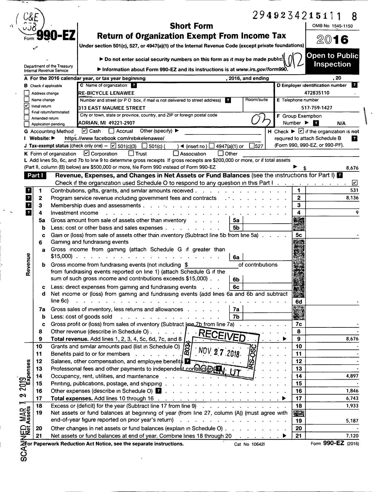 Image of first page of 2016 Form 990EZ for Re-Bicycle Lenawee