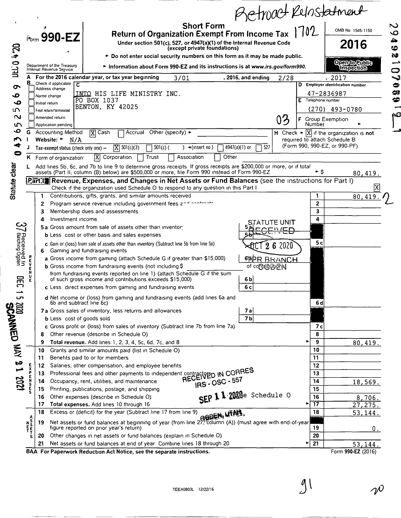 Image of first page of 2016 Form 990EZ for Into His Life Ministry