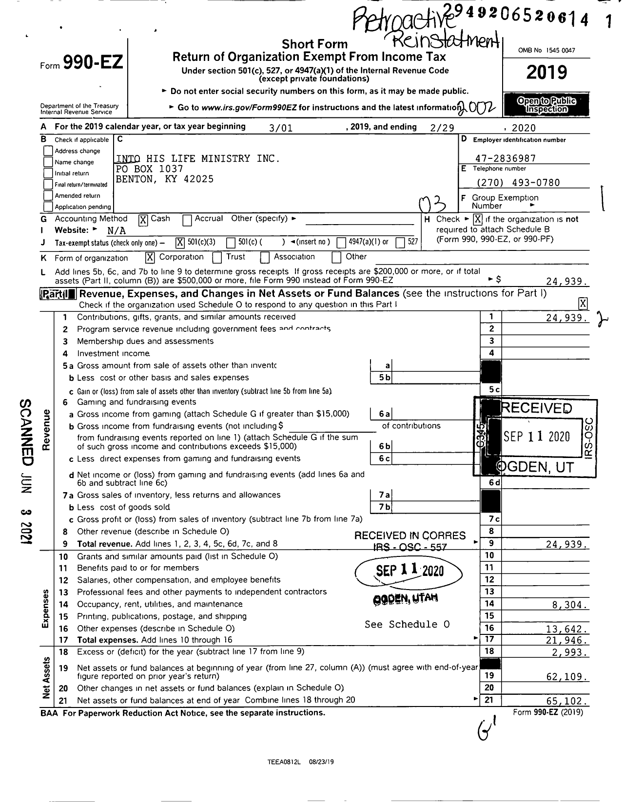 Image of first page of 2019 Form 990EZ for Into His Life Ministry