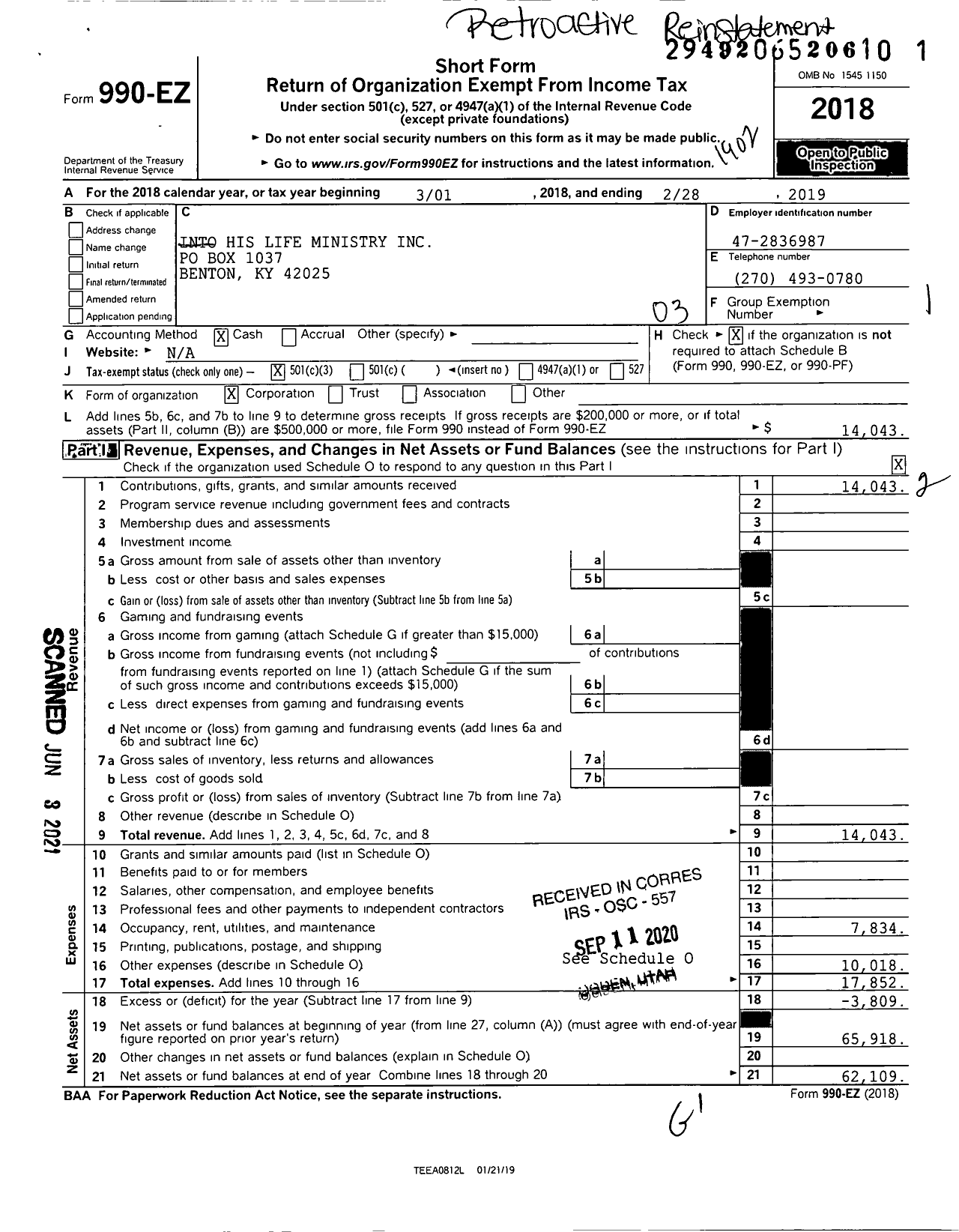 Image of first page of 2018 Form 990EZ for Into His Life Ministry