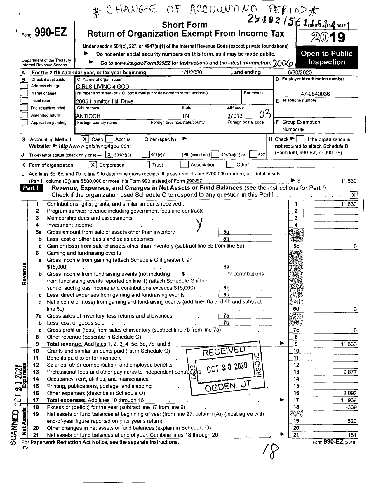 Image of first page of 2019 Form 990EZ for Girls Living 4 God