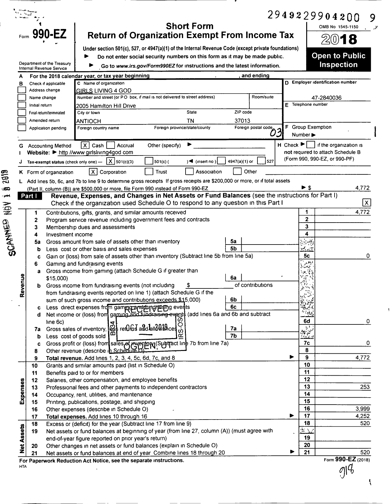 Image of first page of 2018 Form 990EZ for Girls Living 4 God