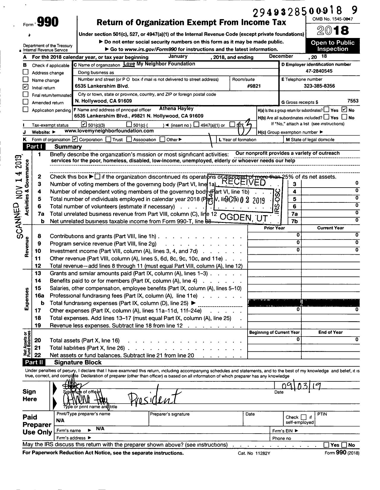 Image of first page of 2018 Form 990 for Love My Neighbor Foundation