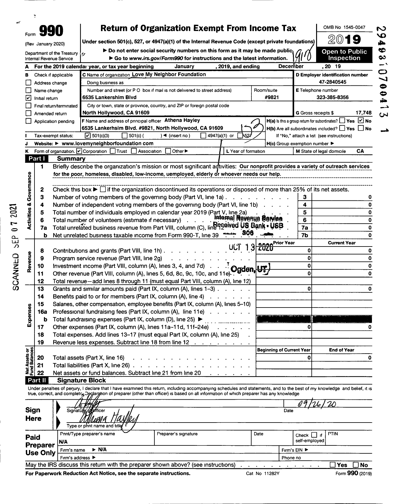 Image of first page of 2019 Form 990 for Love My Neighbor Foundation