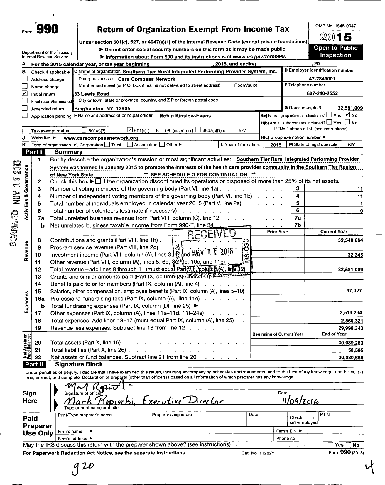 Image of first page of 2015 Form 990O for Care Compass Network (CCN)