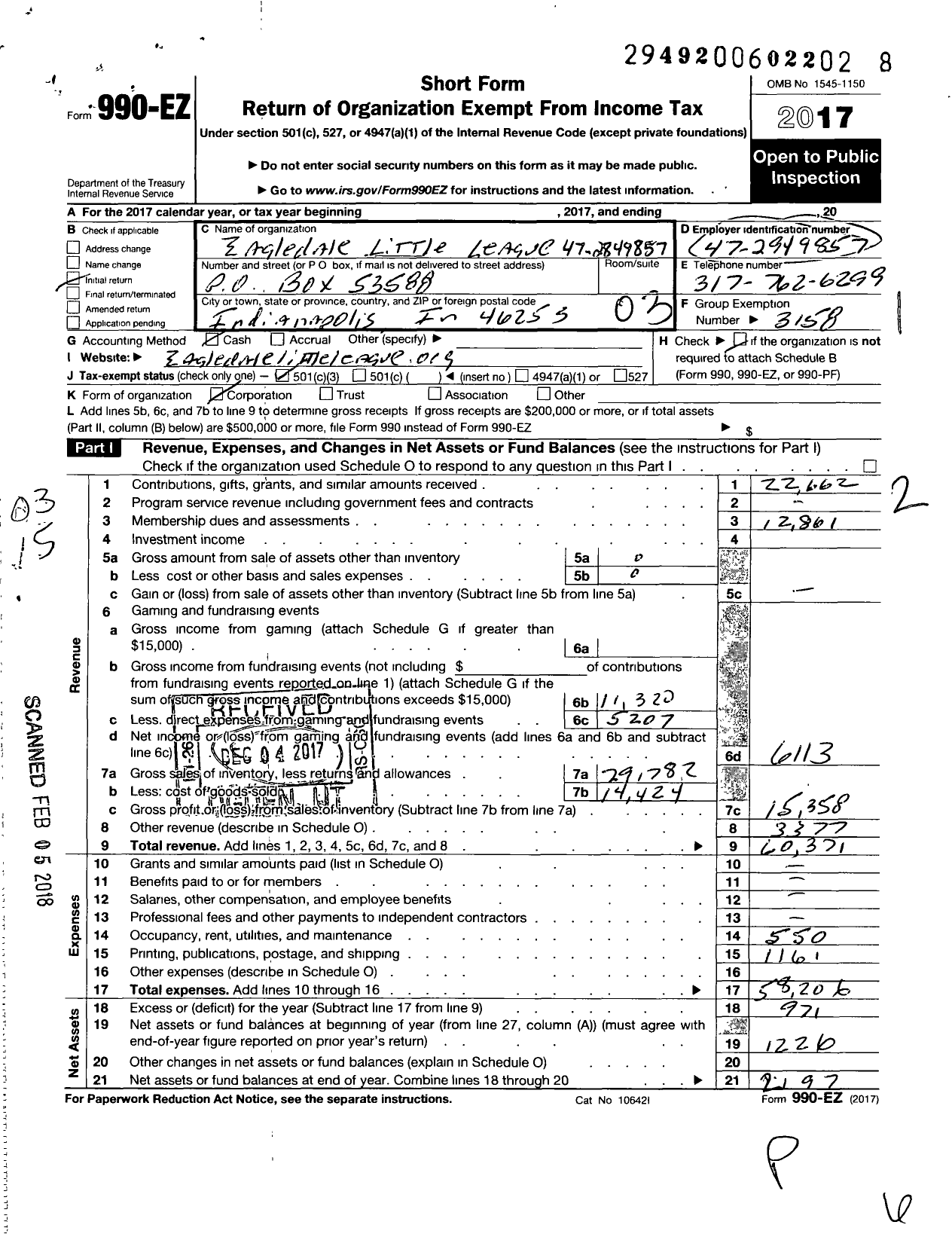 Image of first page of 2017 Form 990EZ for Little League Baseball - 1140807 Eagledale LL