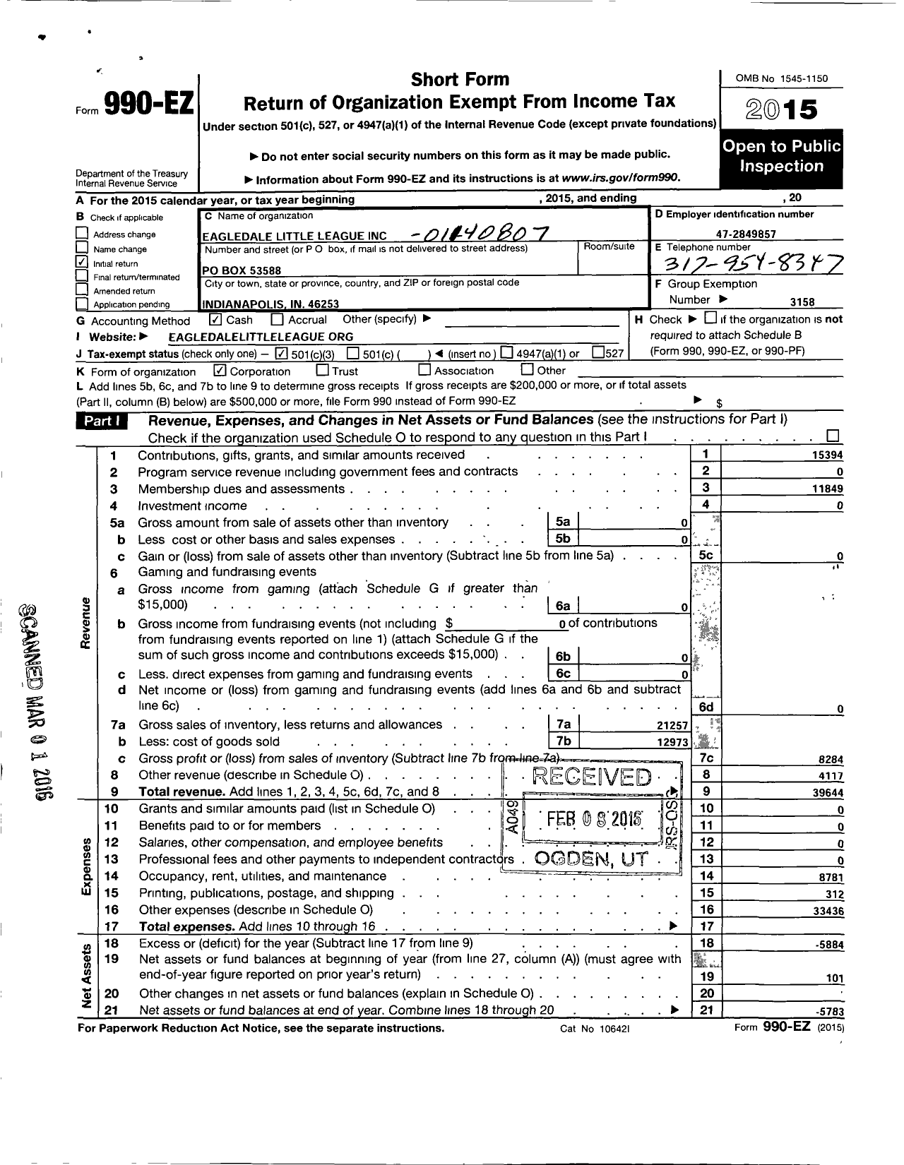 Image of first page of 2015 Form 990EZ for Little League Baseball - 1140807 Eagledale LL