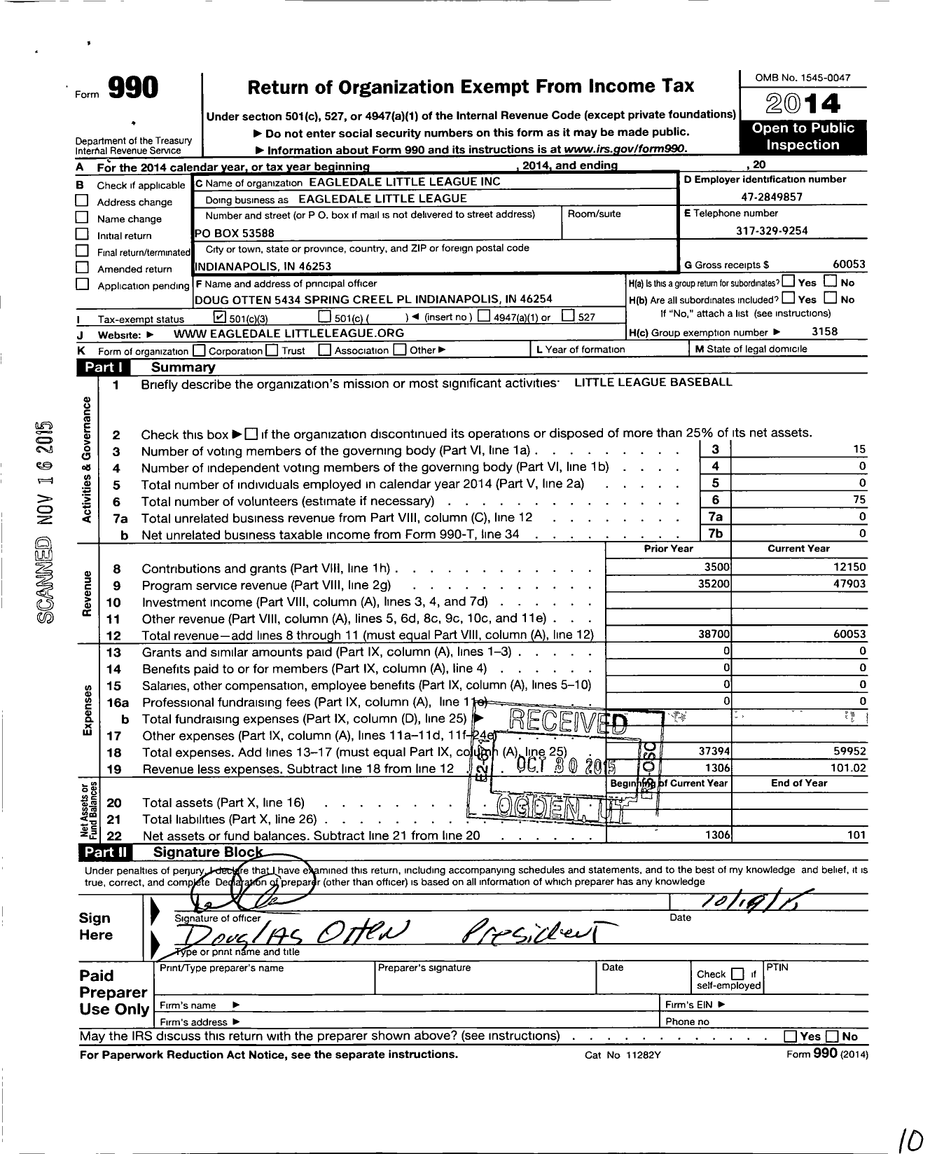 Image of first page of 2014 Form 990 for Little League Baseball - 1140807 Eagledale LL