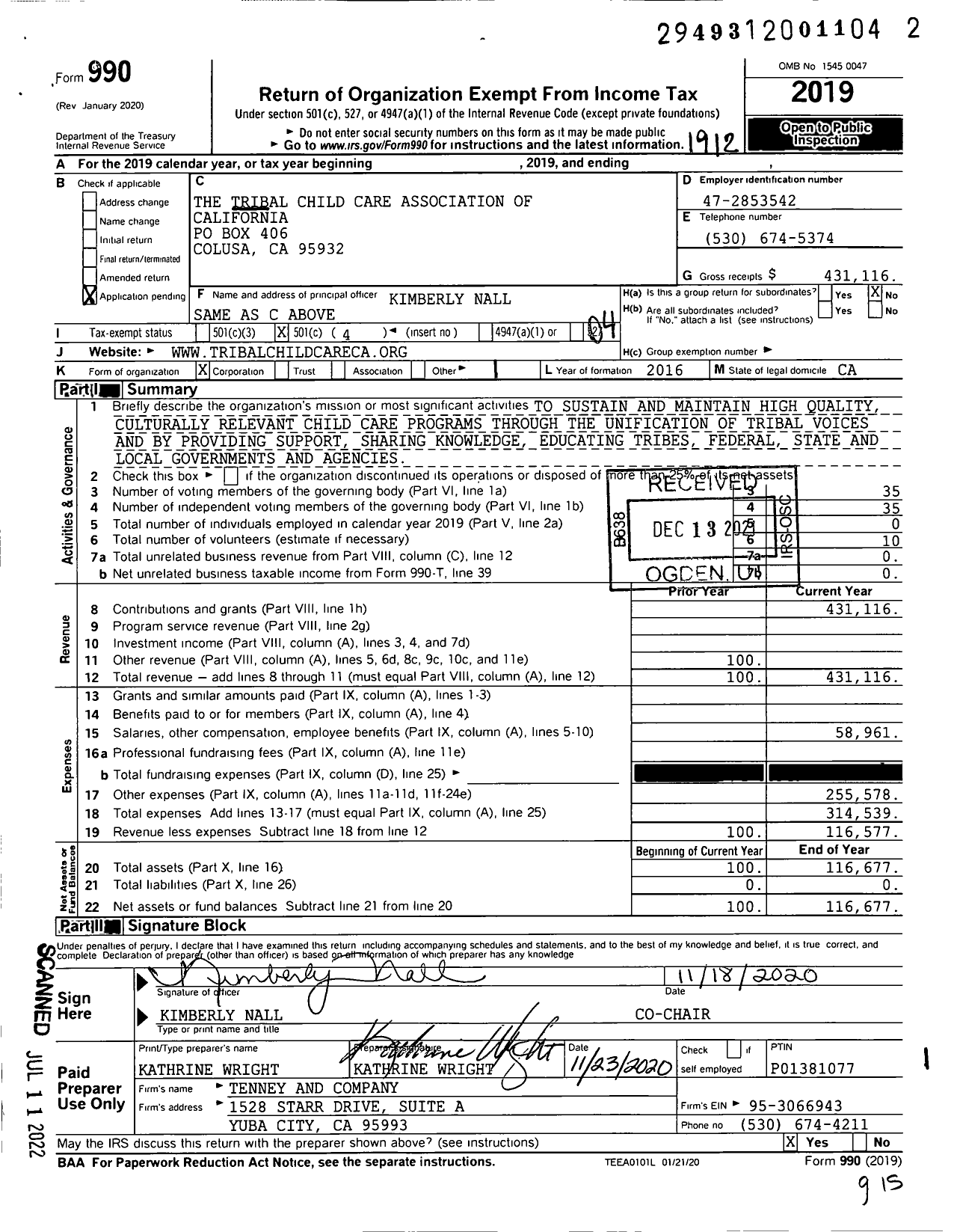 Image of first page of 2019 Form 990O for The Tribal Child Care Association of California