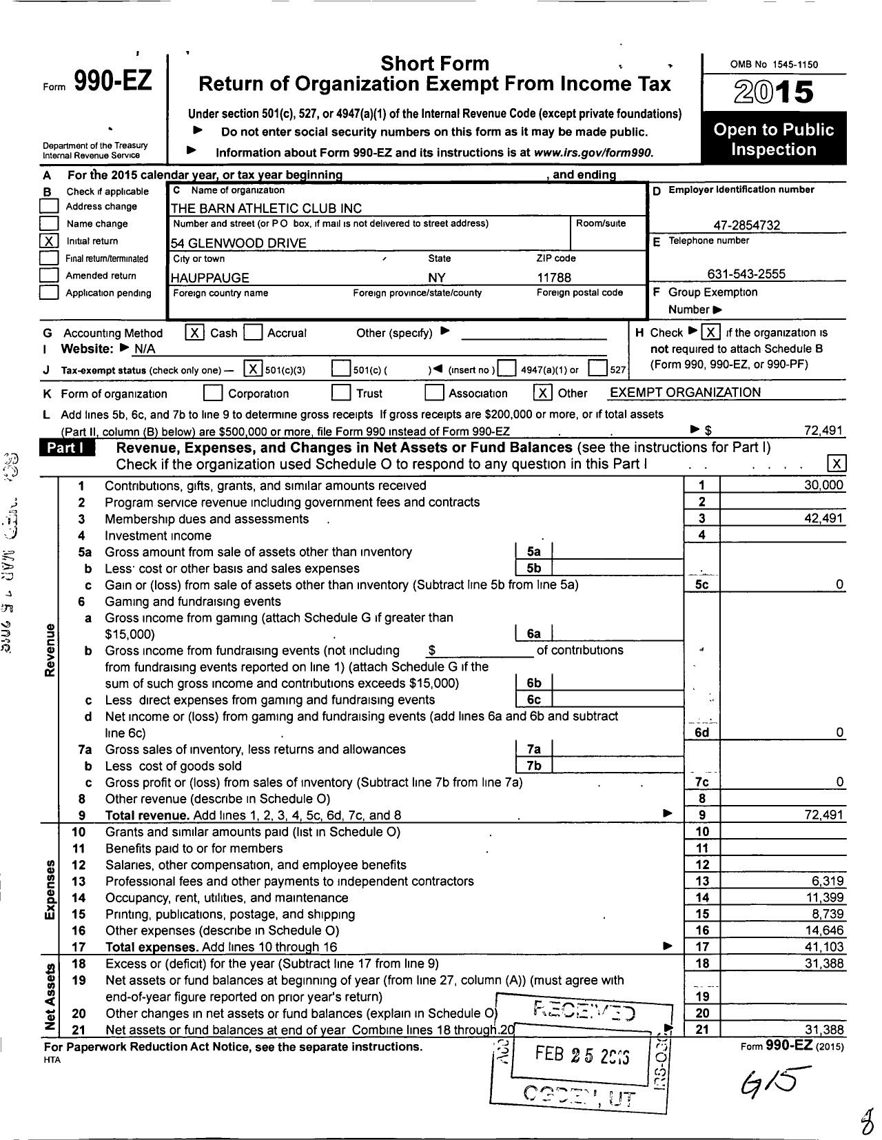 Image of first page of 2015 Form 990EZ for The Barn Athletic Club