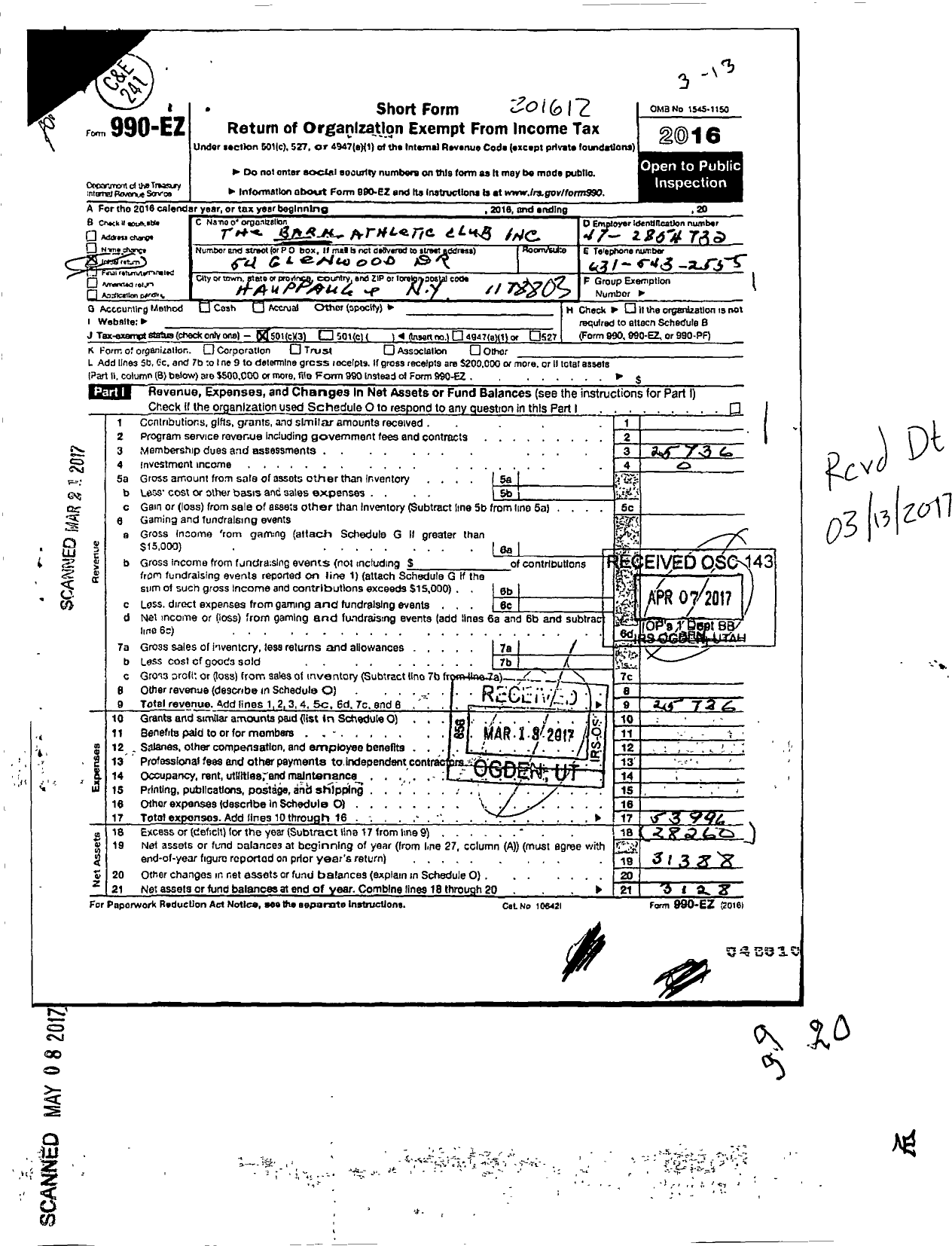 Image of first page of 2016 Form 990EZ for The Barn Athletic Club