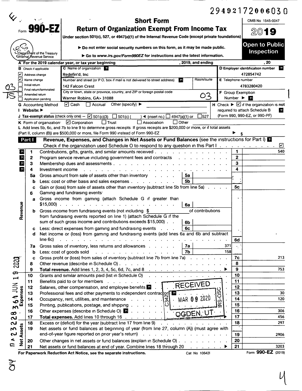 Image of first page of 2019 Form 990EZ for Redefind D