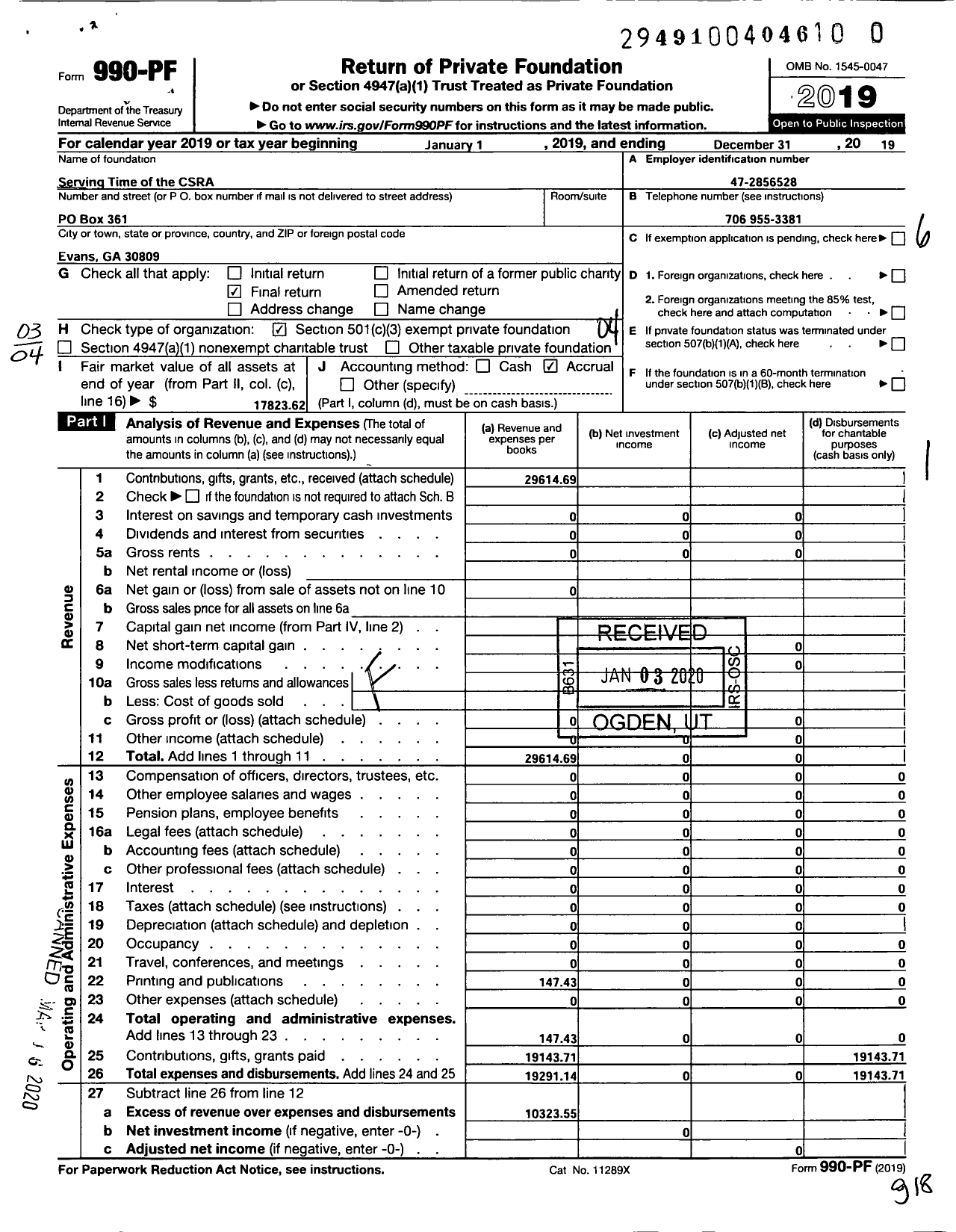 Image of first page of 2019 Form 990PR for Serving Time of the Csra