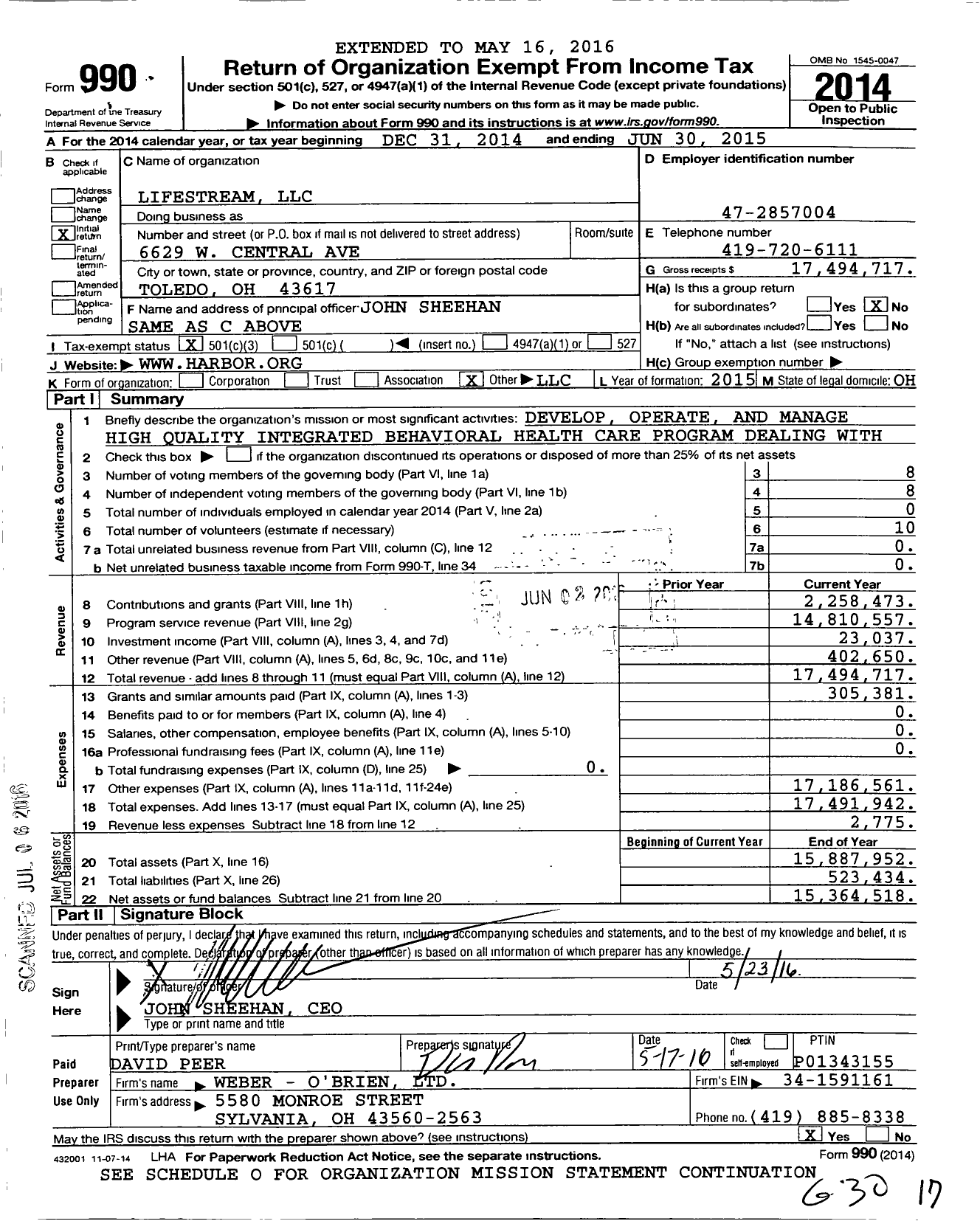 Image of first page of 2014 Form 990 for Lifestream LLC