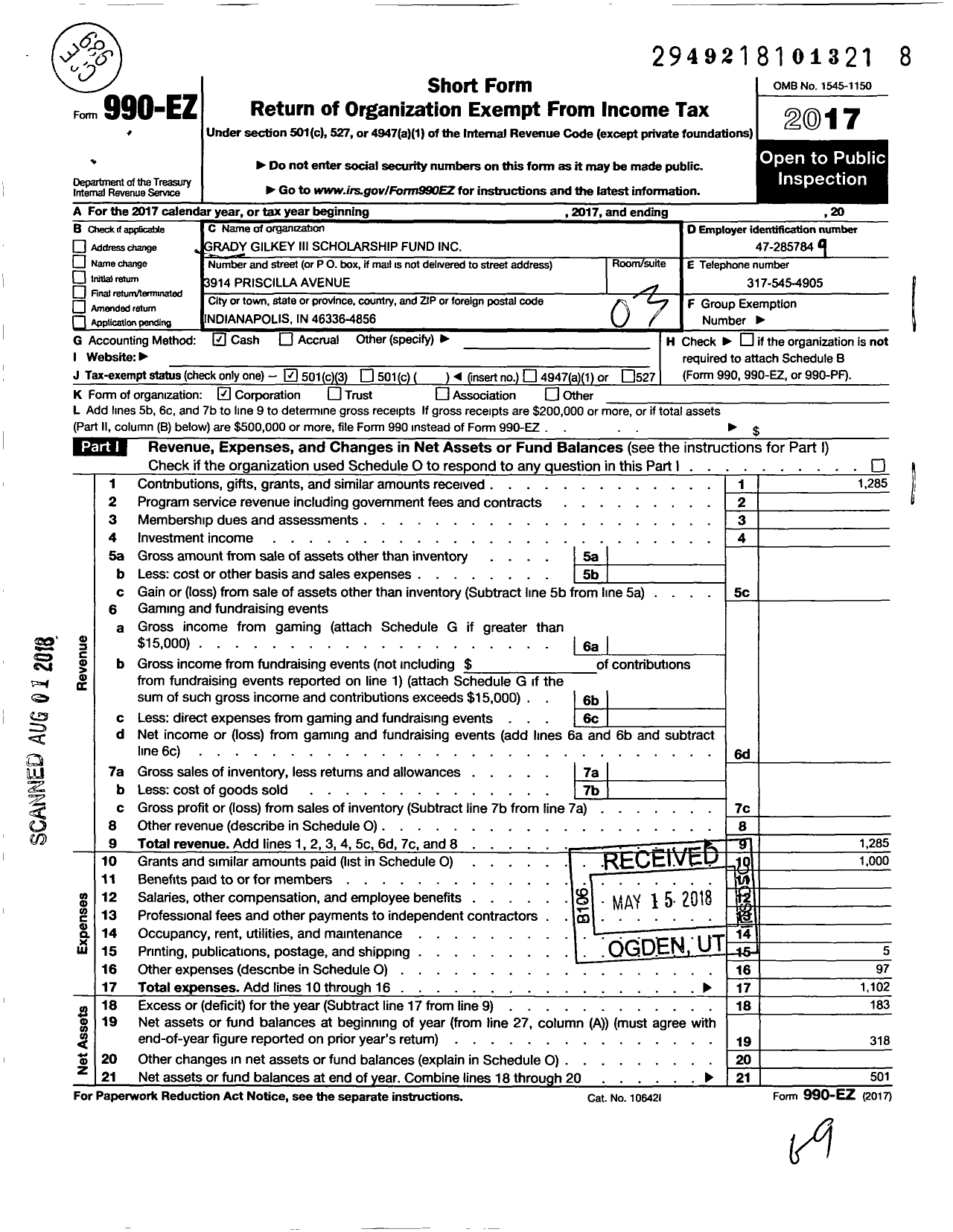 Image of first page of 2017 Form 990EZ for Grady Gilkey Iii Scholarship Fund