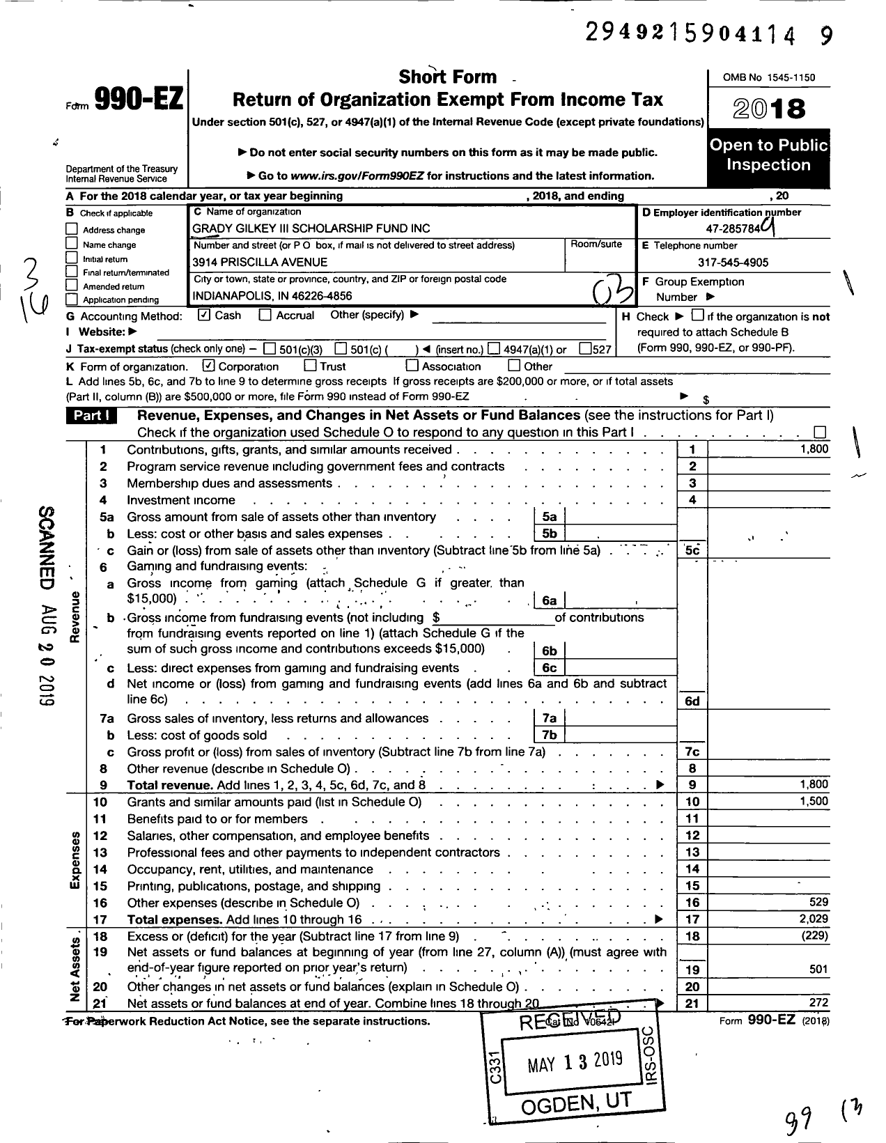 Image of first page of 2018 Form 990EZ for Grady Gilkey Iii Scholarship Fund