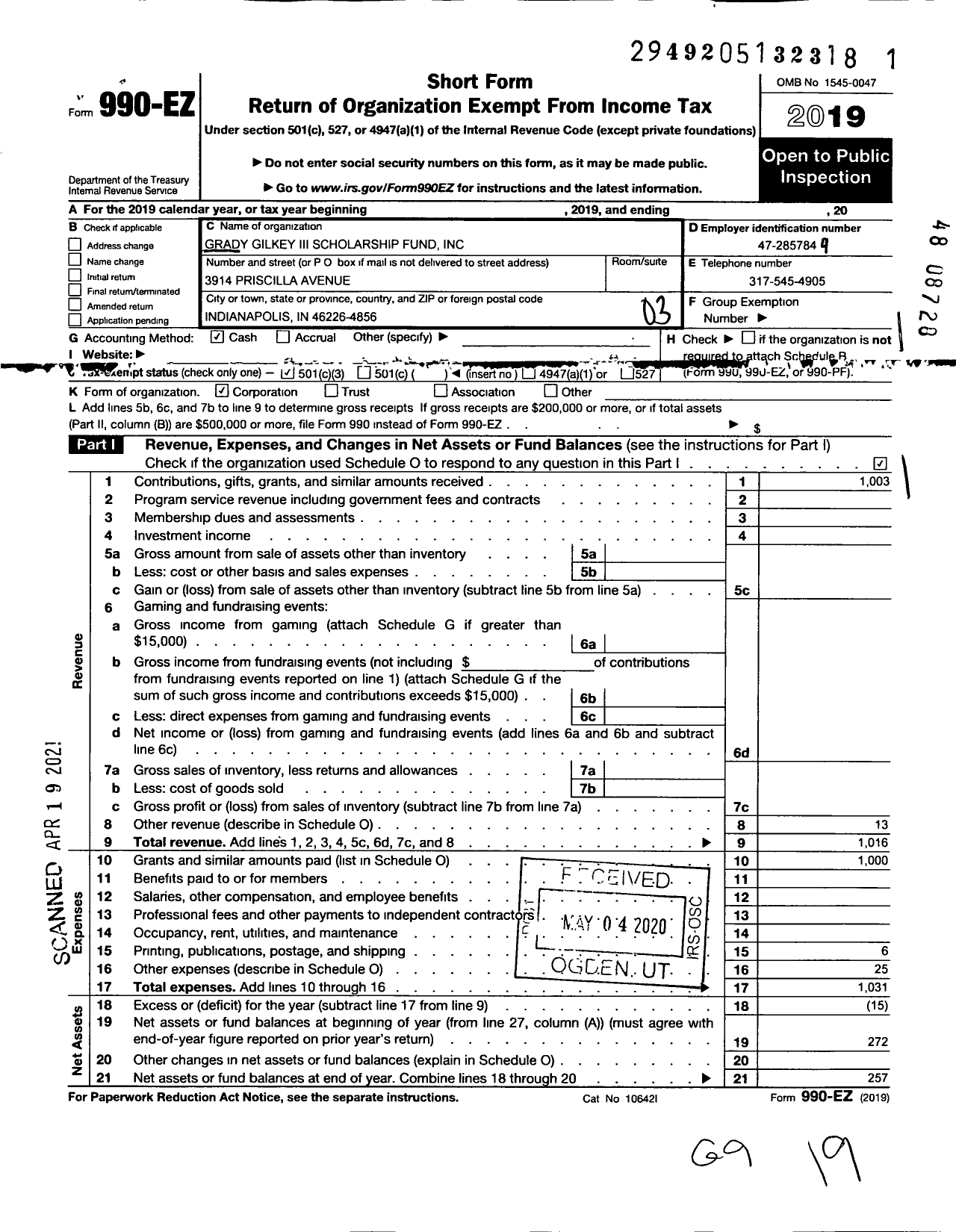 Image of first page of 2019 Form 990EZ for Grady Gilkey Iii Scholarship Fund