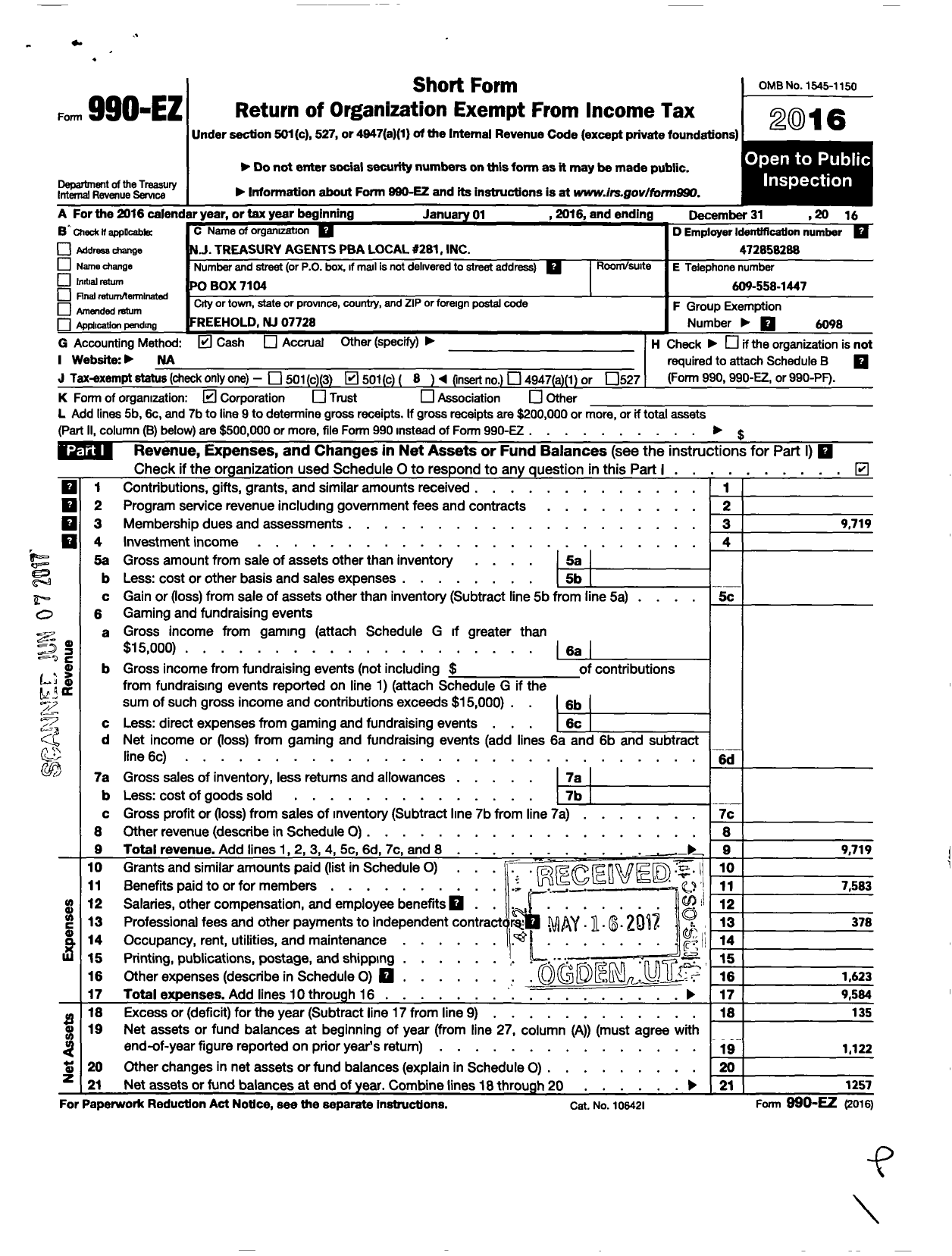 Image of first page of 2016 Form 990EO for NJ State Patrolmen's Benevolent Association - 281 NJ Treasury Agents PBA Local