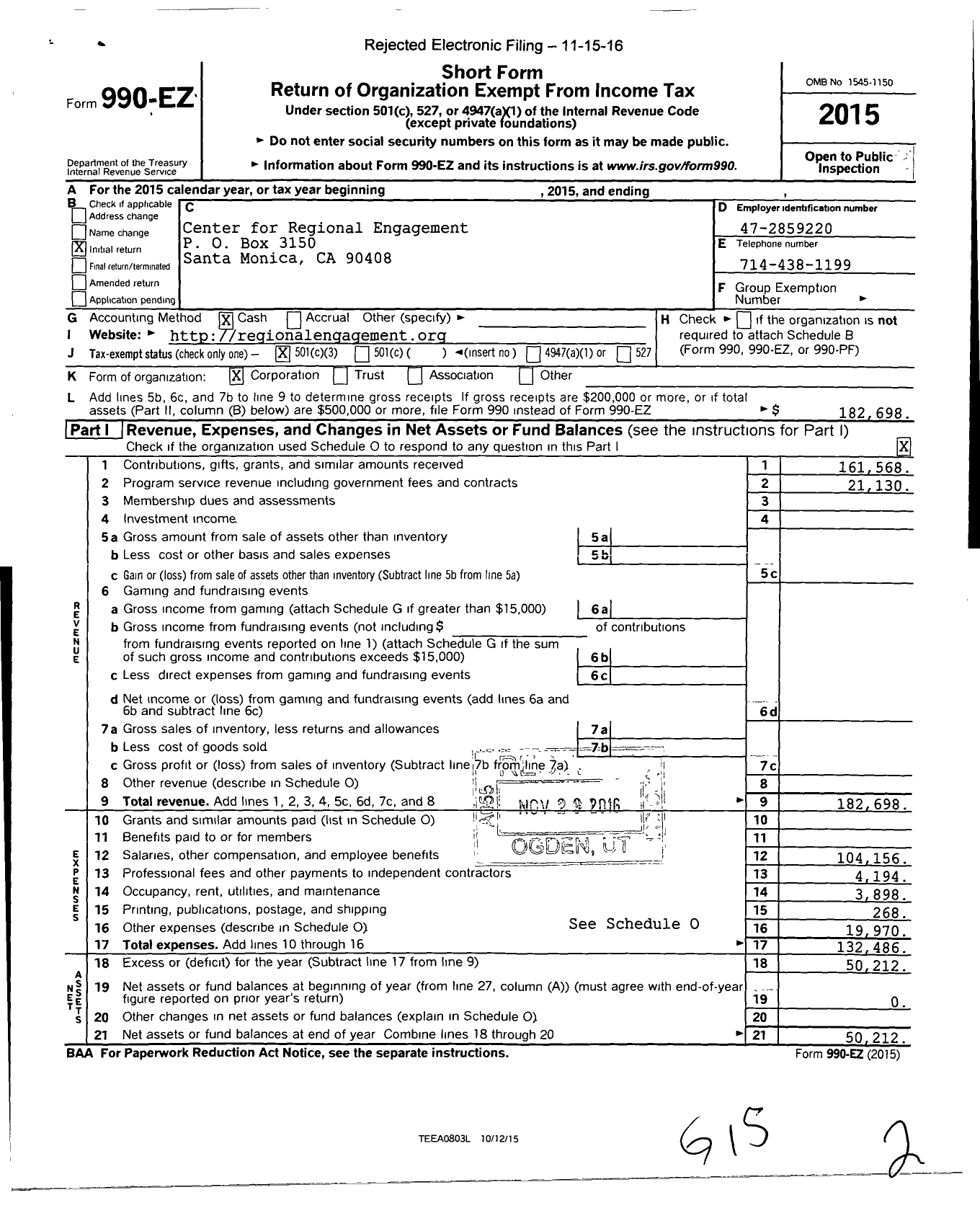 Image of first page of 2015 Form 990EZ for Center for Regional Engagement