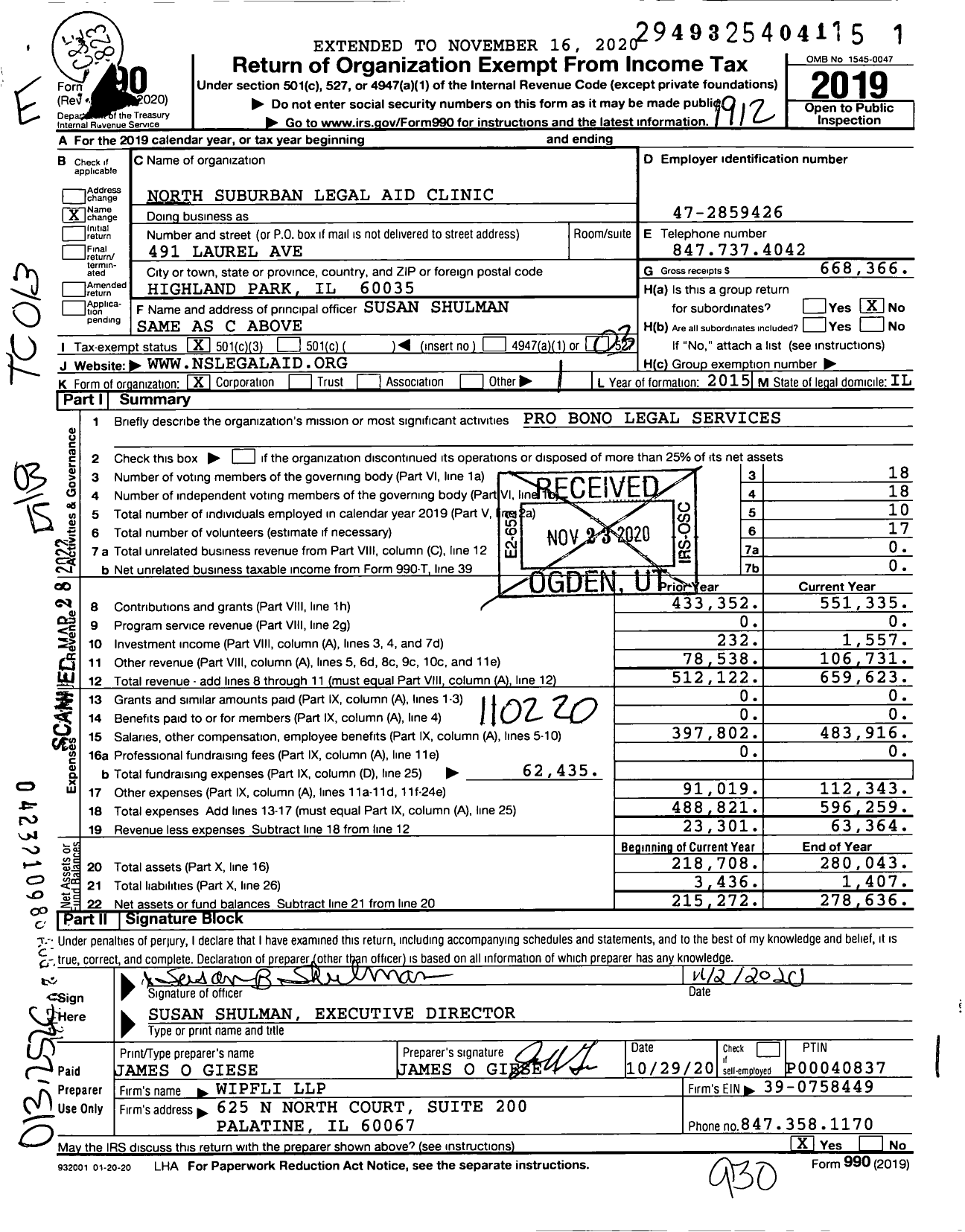 Image of first page of 2019 Form 990 for North Suburban Legal Aid Clinic