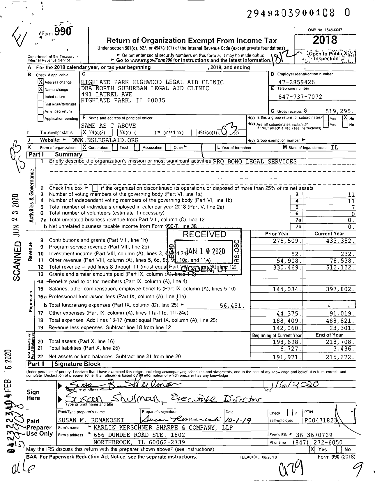 Image of first page of 2018 Form 990 for North Suburban Legal Aid Clinic