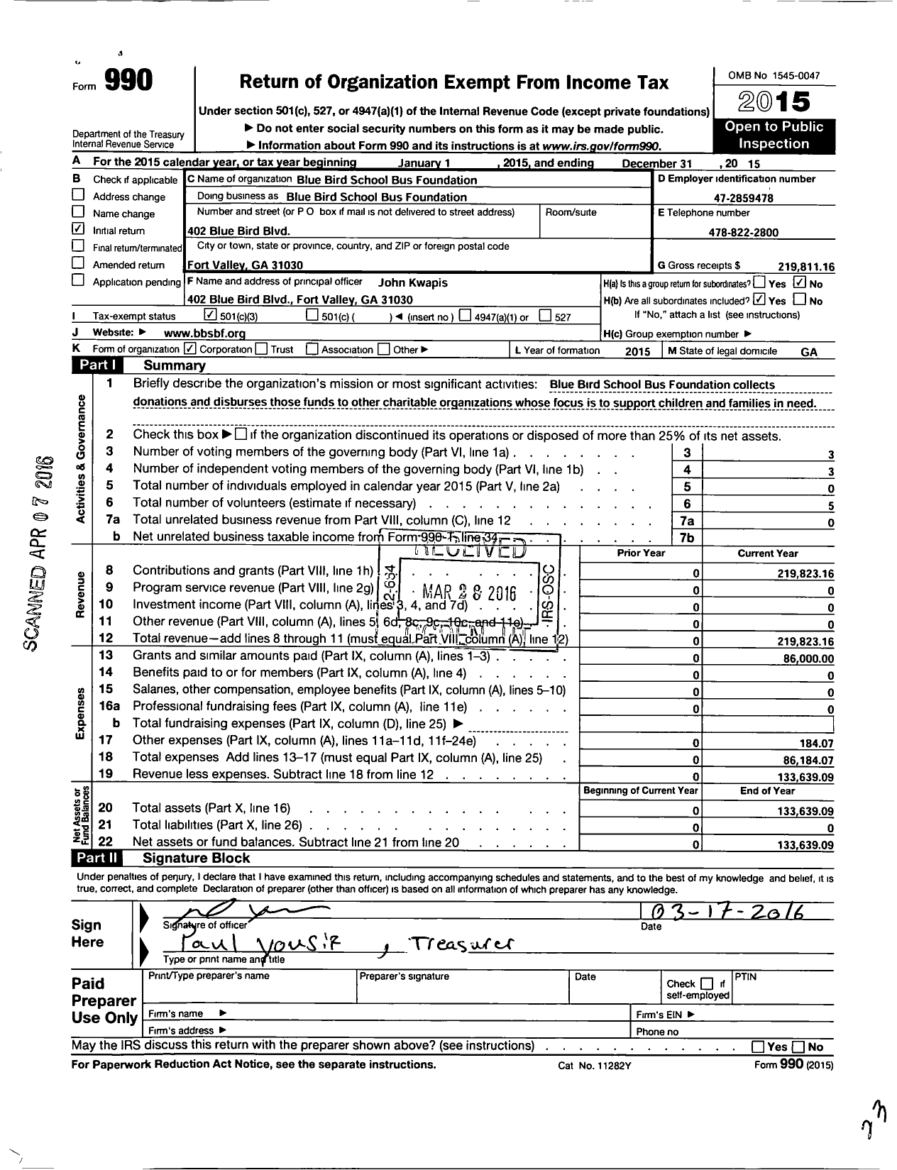 Image of first page of 2015 Form 990 for Blue Bird School Bus Foundation