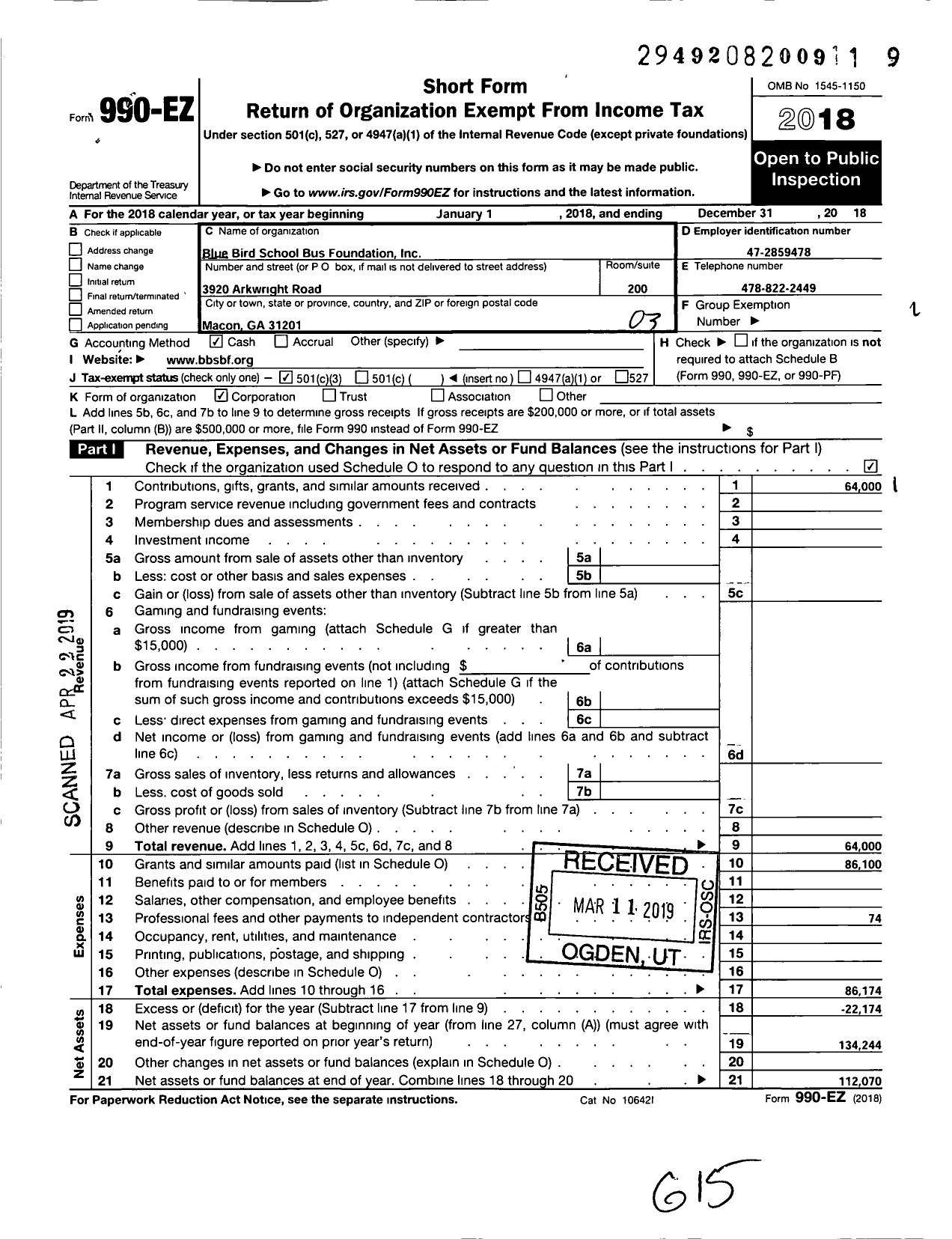Image of first page of 2018 Form 990EZ for Blue Bird School Bus Foundation