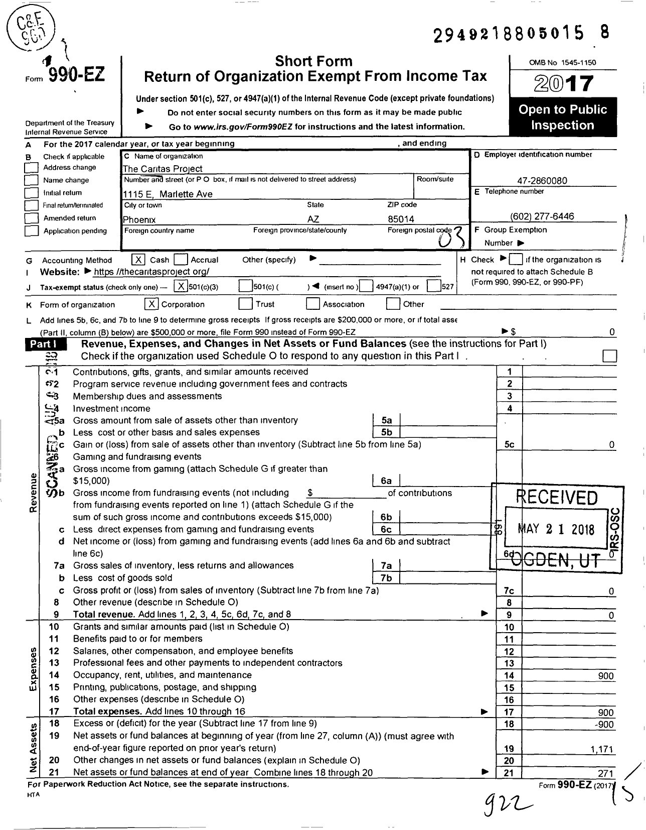 Image of first page of 2017 Form 990EZ for The Caritas Project