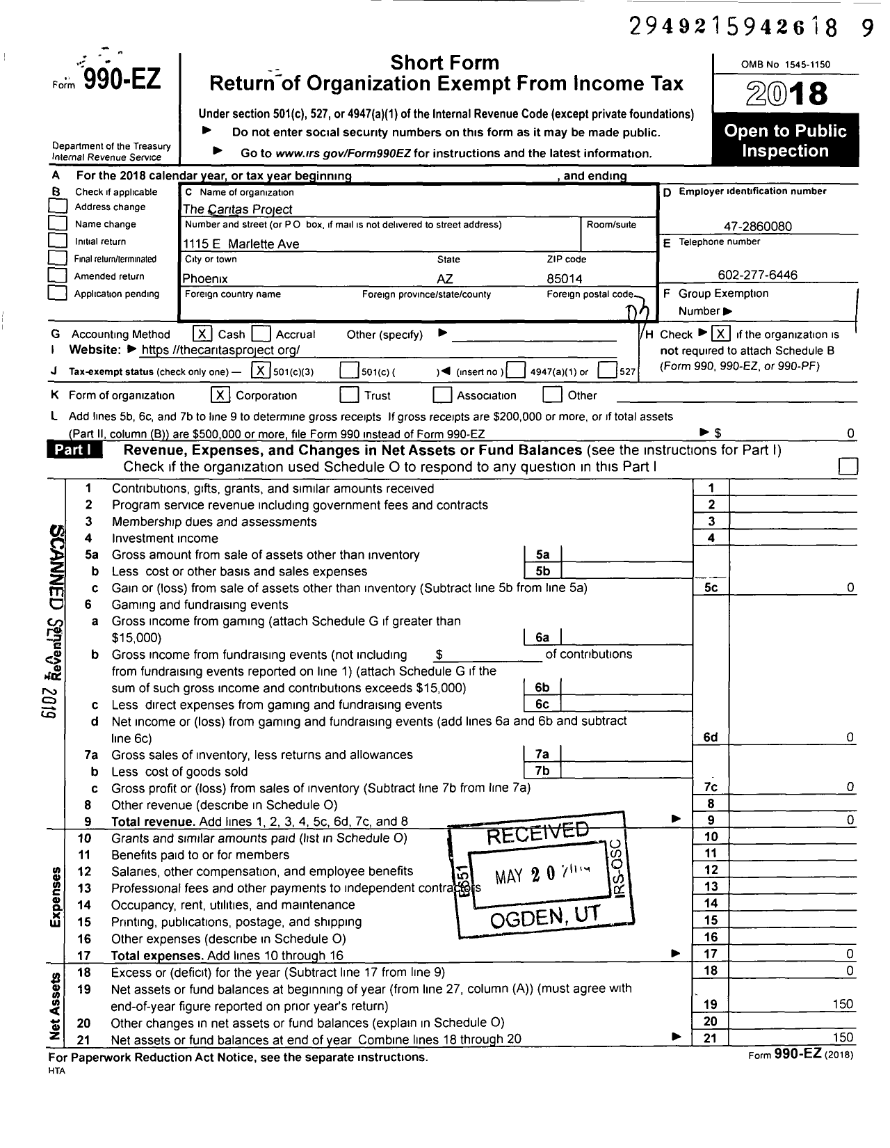 Image of first page of 2018 Form 990EZ for The Caritas Project