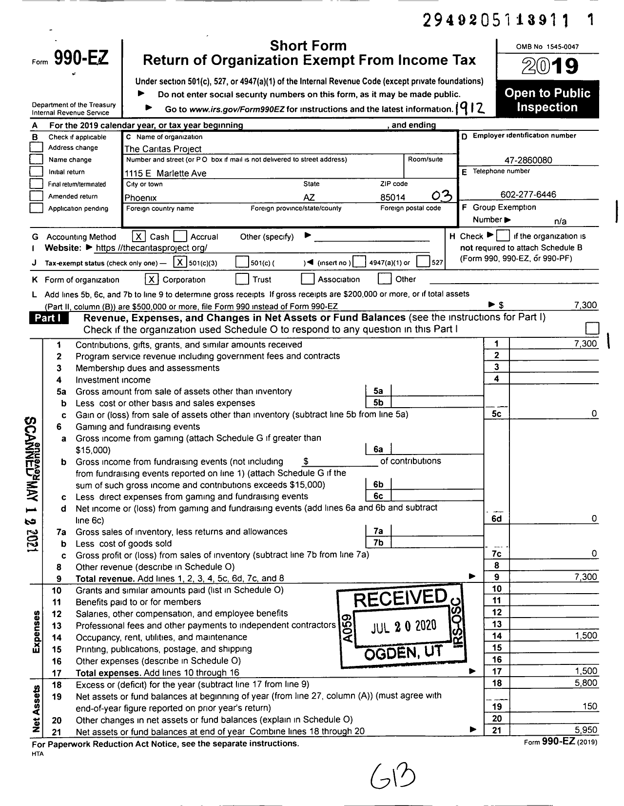 Image of first page of 2019 Form 990EZ for The Caritas Project