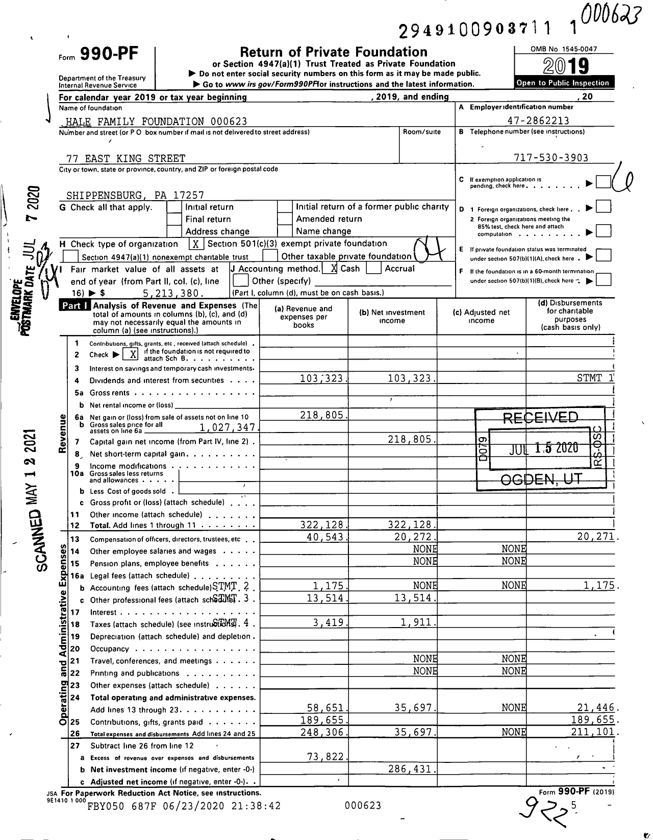 Image of first page of 2019 Form 990PF for Hale Family Foundation 000623