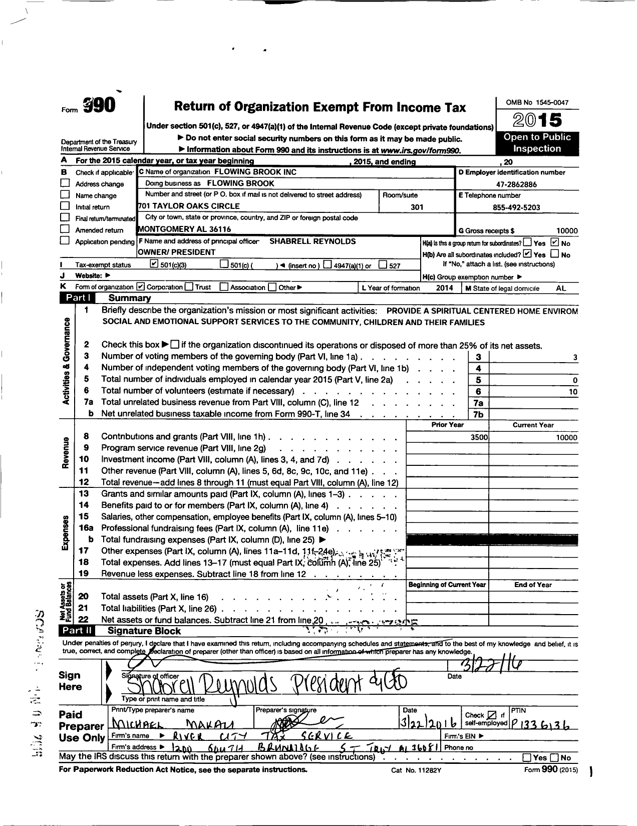 Image of first page of 2015 Form 990 for Flowing Brook