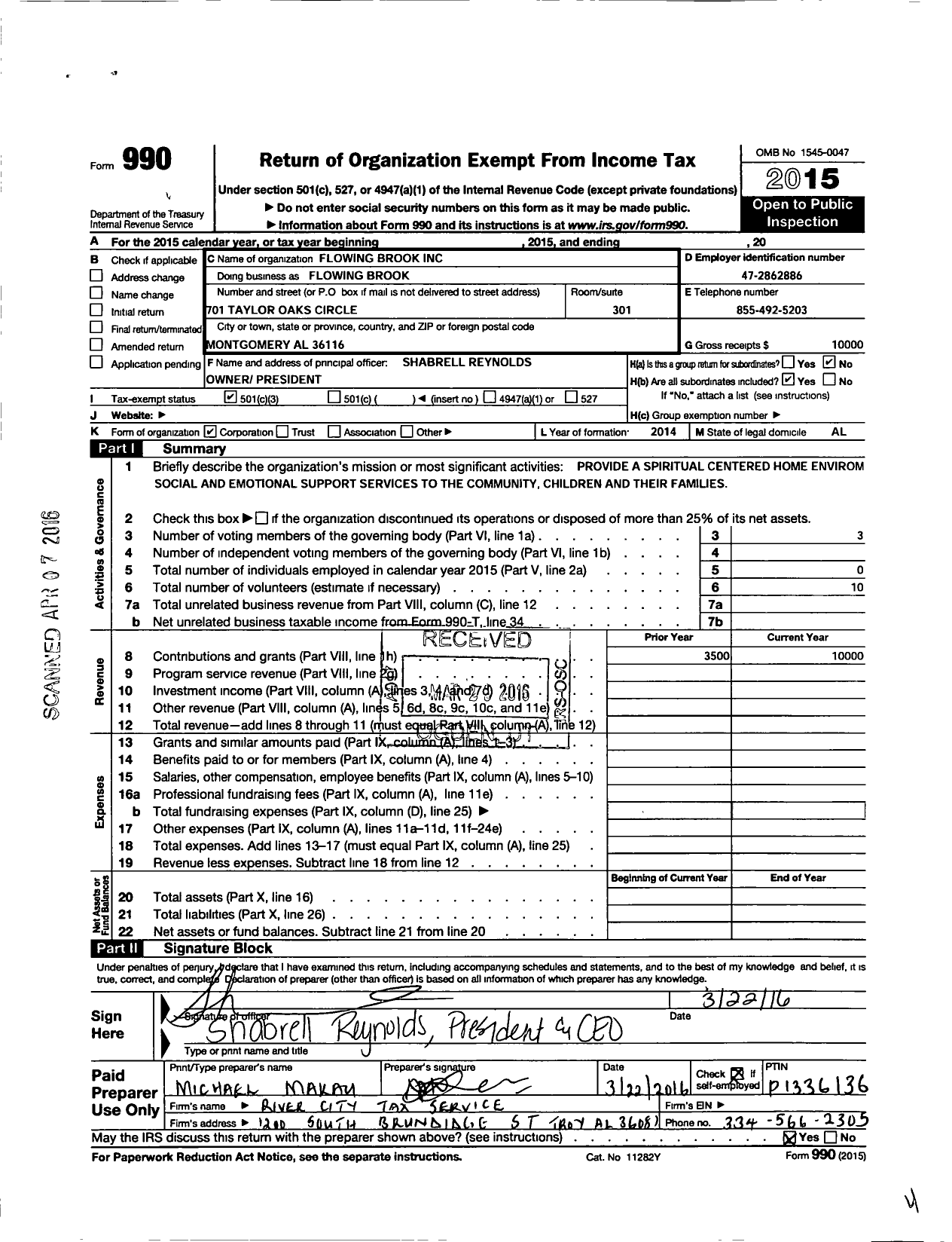 Image of first page of 2015 Form 990 for Flowing Brook