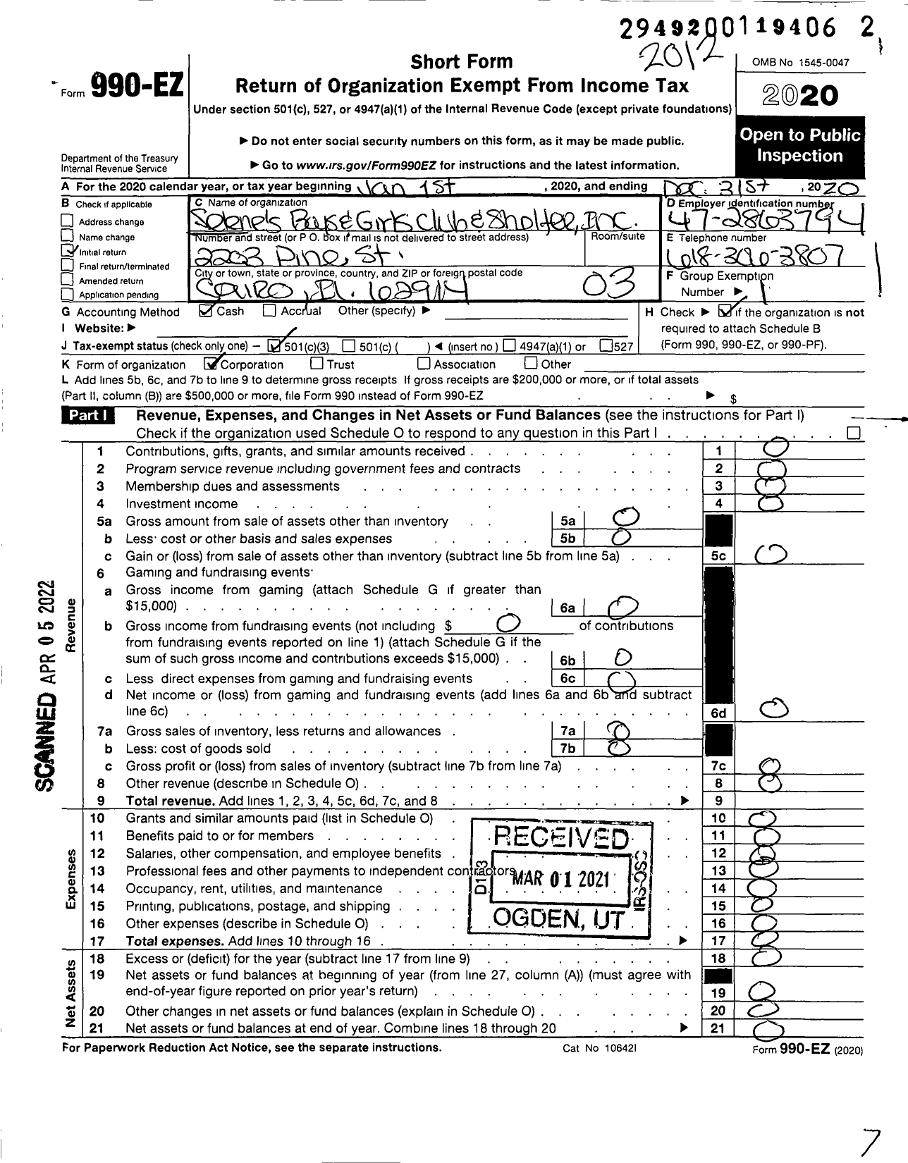 Image of first page of 2020 Form 990EZ for Salenes Boys-Girls Club and Shelter