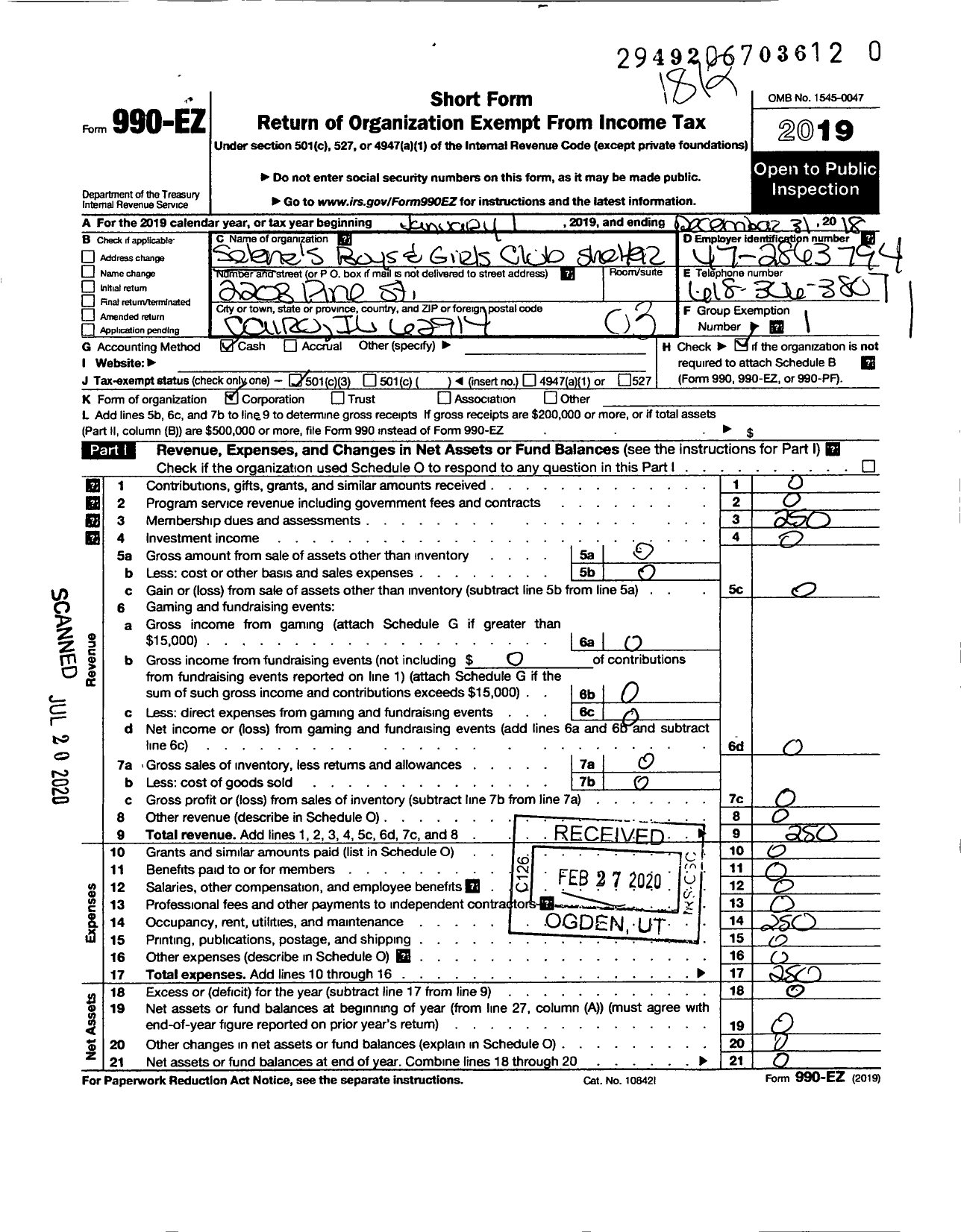 Image of first page of 2018 Form 990EZ for Salenes Boys-Girls Club and Shelter