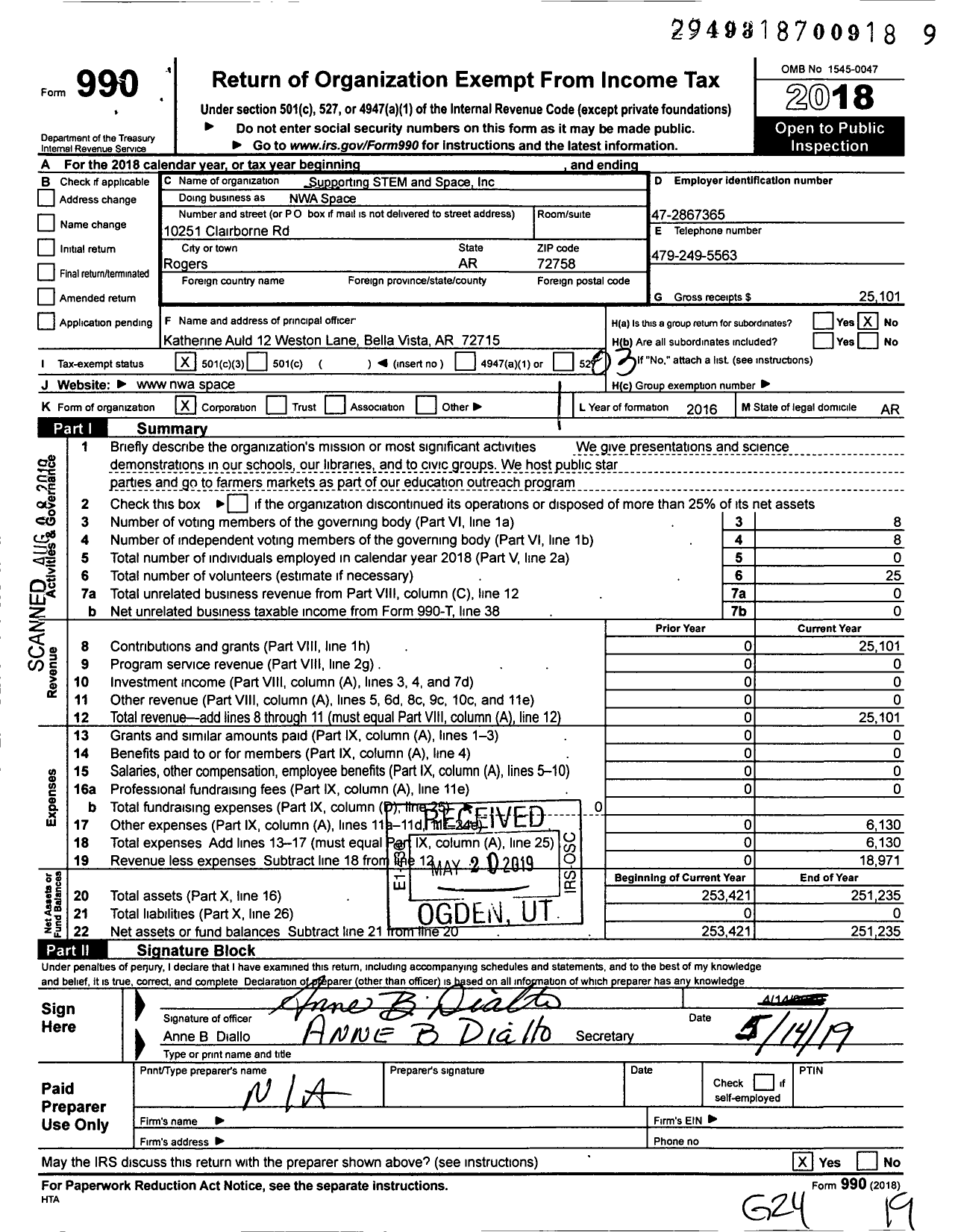 Image of first page of 2018 Form 990 for Supporting Stem and Space