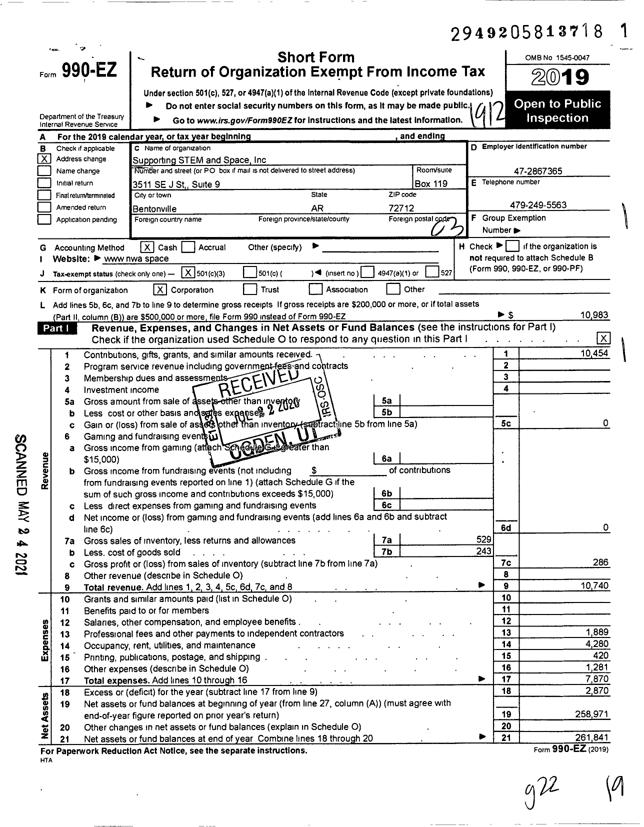 Image of first page of 2019 Form 990EZ for Supporting Stem and Space