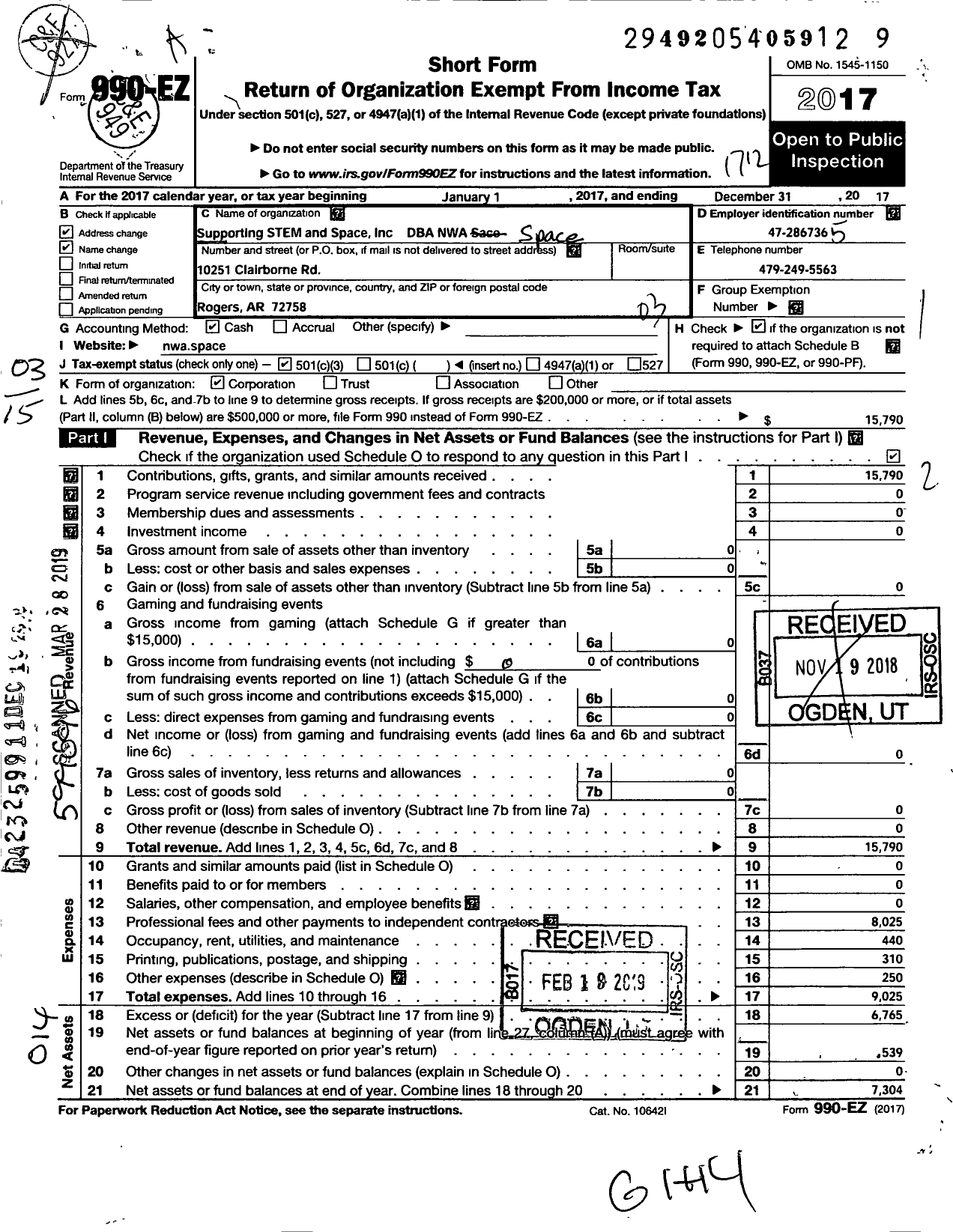 Image of first page of 2017 Form 990EZ for Supporting Stem and Space