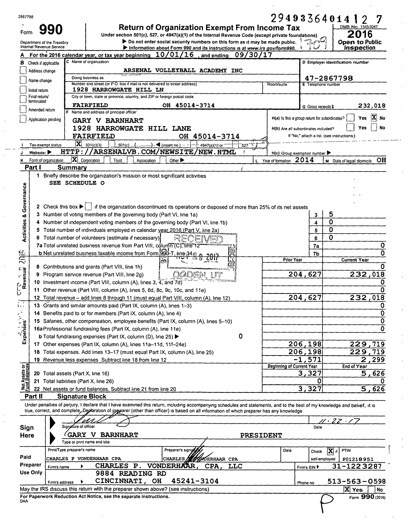 Image of first page of 2016 Form 990 for Arsenal Volleyball Academy