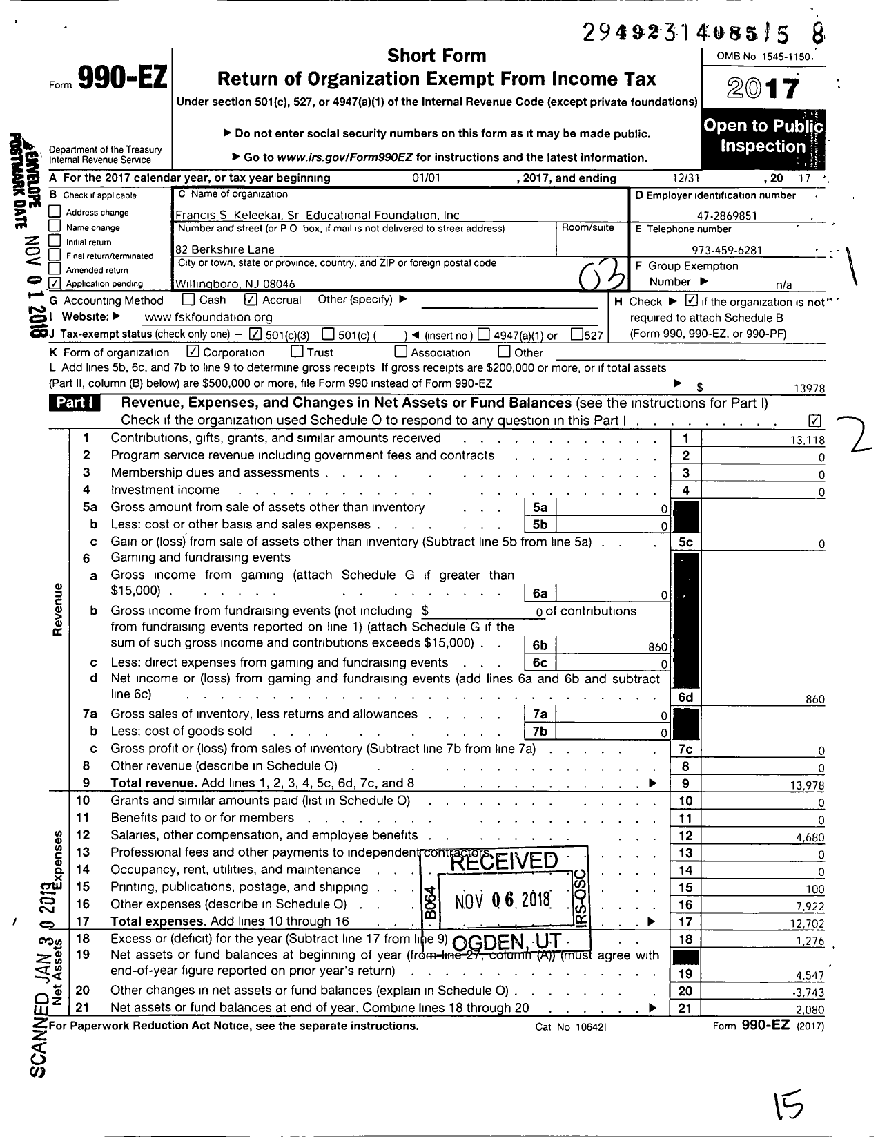 Image of first page of 2017 Form 990EZ for Francis S Keleekai SR Educational Foundation