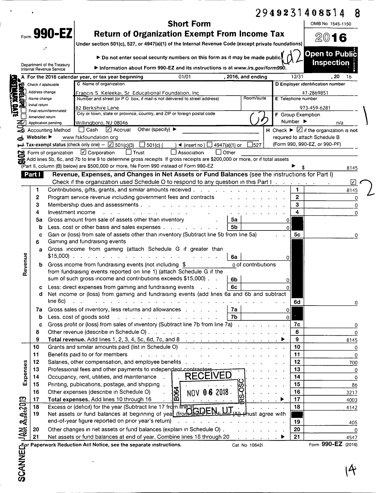 Image of first page of 2016 Form 990EZ for Francis S Keleekai SR Educational Foundation