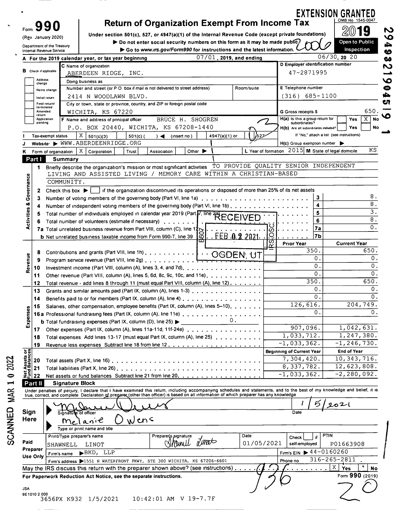 Image of first page of 2019 Form 990 for Aberdeen Ridge