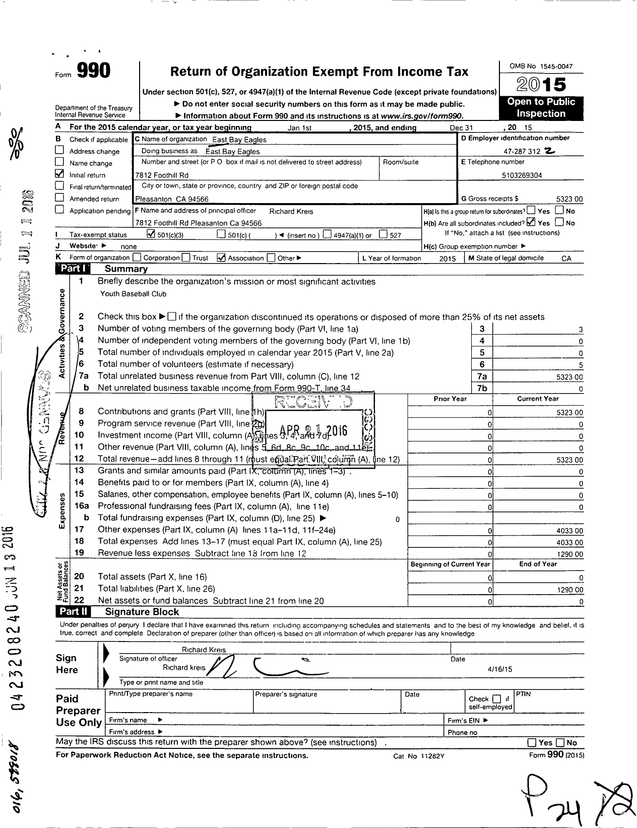 Image of first page of 2015 Form 990 for East Bay Eagles