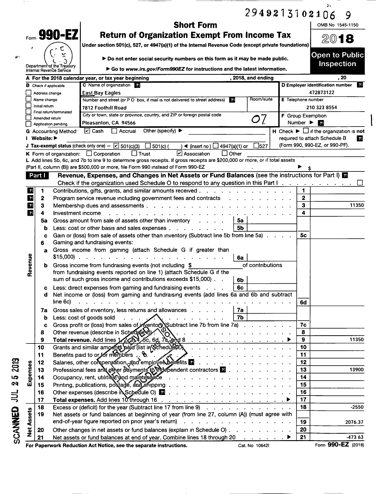 Image of first page of 2018 Form 990EO for East Bay Eagles