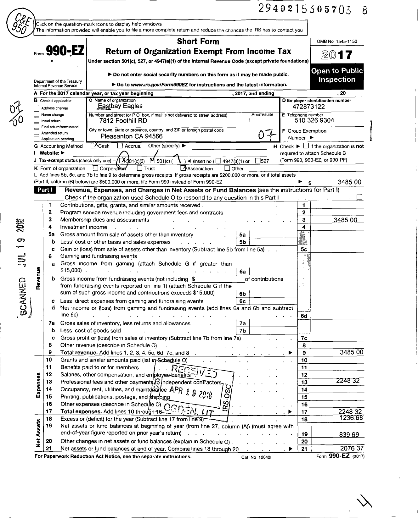 Image of first page of 2017 Form 990EO for East Bay Eagles