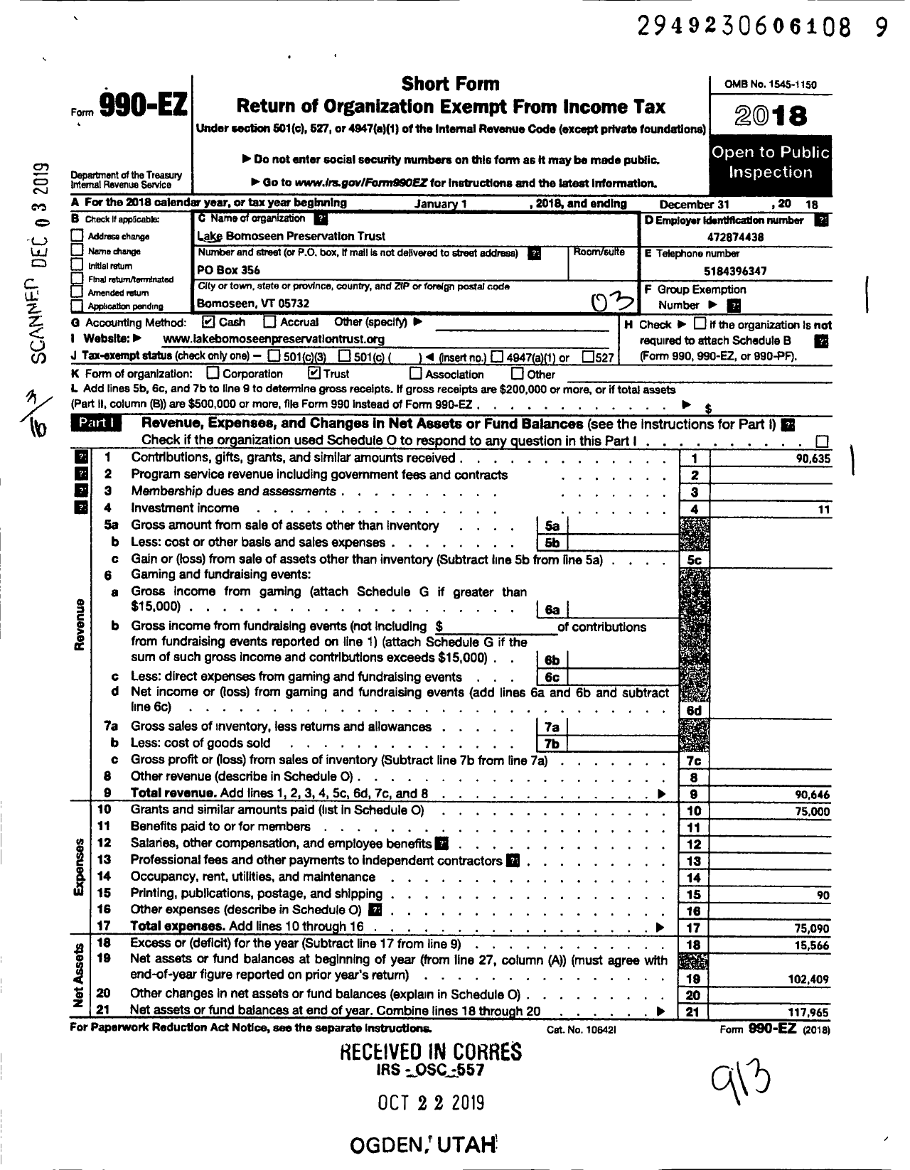 Image of first page of 2018 Form 990EZ for Lake Bomoseen Preservation Trust