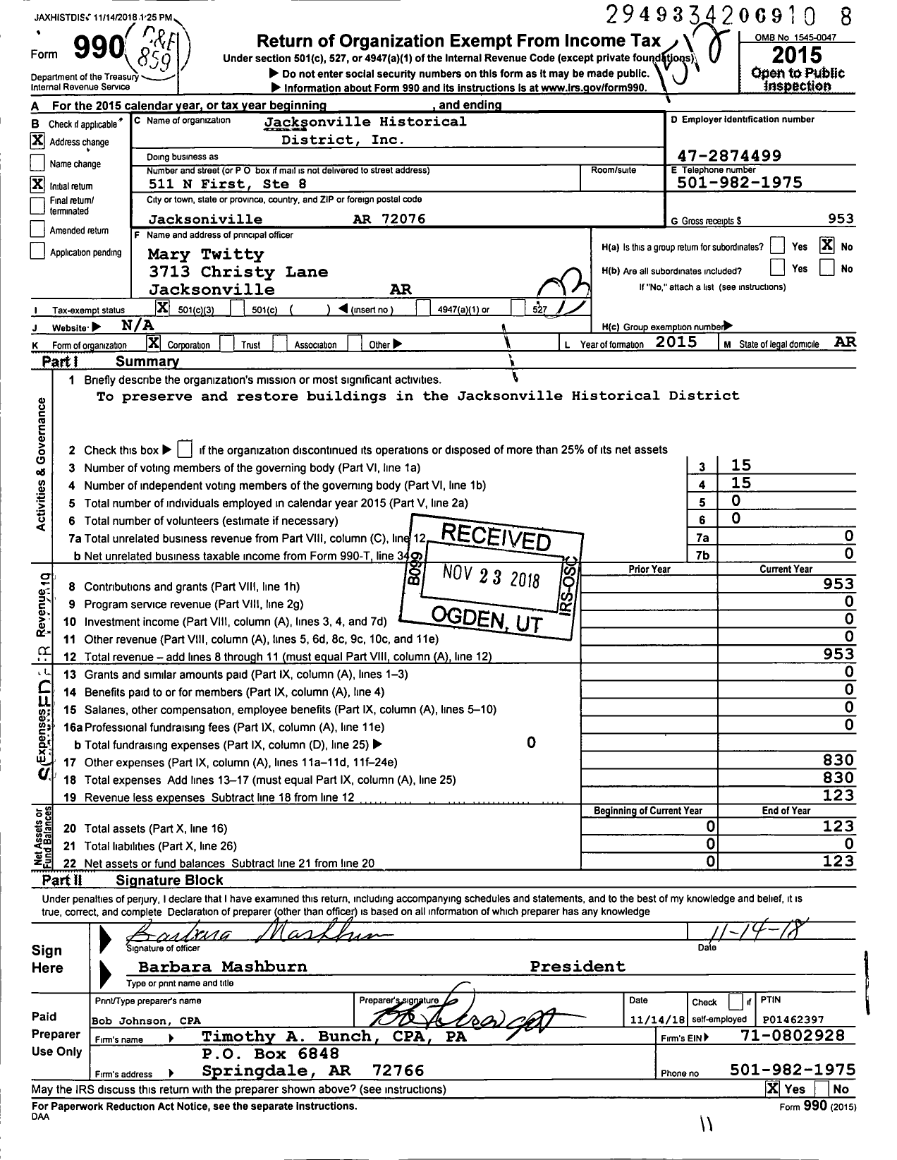 Image of first page of 2015 Form 990 for Jacksonville Historical District